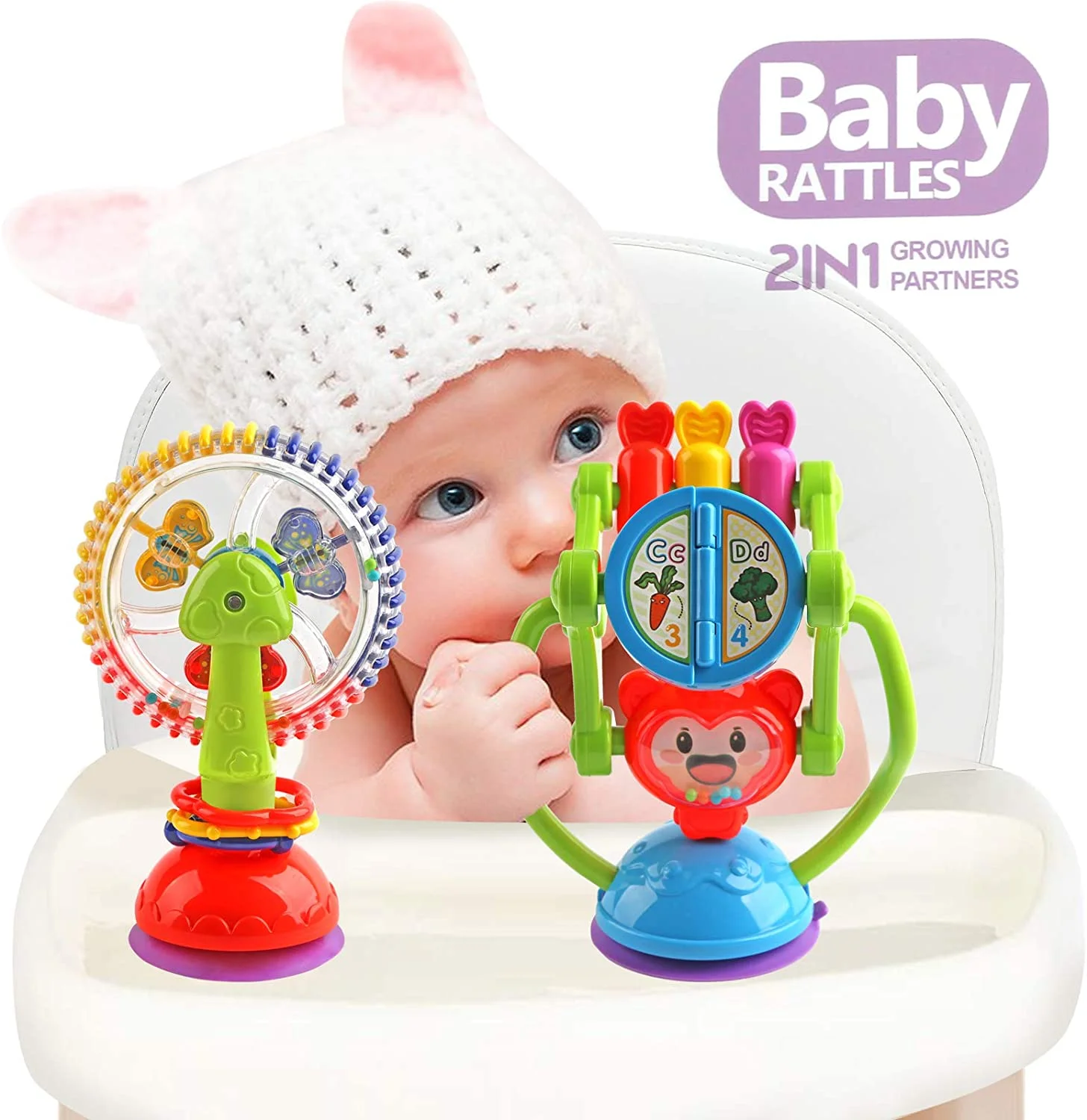 Baby Rattle Toys - Rattles Baby Toys - Newborn Gift Set for 3 6 9 12 Months Babies - Babies Rattles With Suction Cup Grab Shaker and Spin