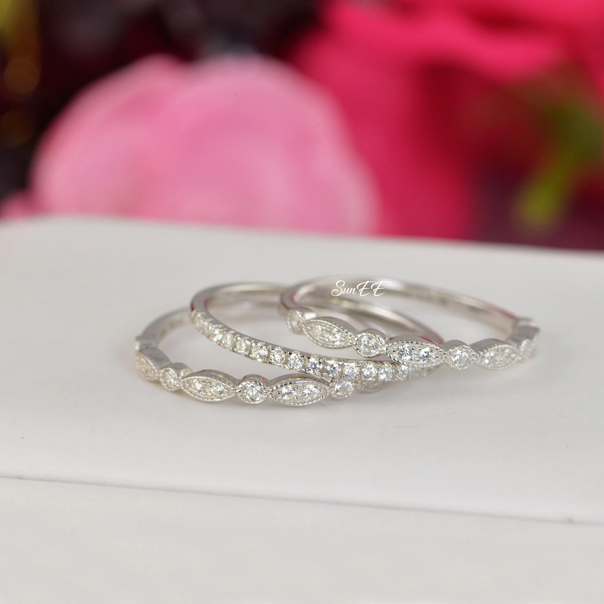 0.7ct Half Eternity & Art Deco Wedding Band Stack Promise Ring Diamond Simulated 925 Sterling Silver Anniversary Ring SKU:00203