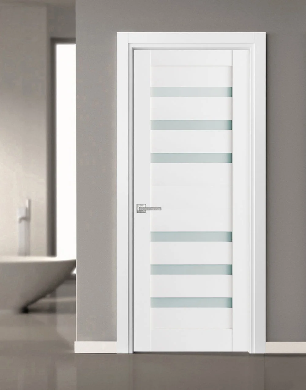 Solid French Door Frosted Glass 36 x 80 inches | Quadro 4266 White Silk | Single Regular Panel Frame Trims Handle | Bathroom Bedroom Sturdy Doors