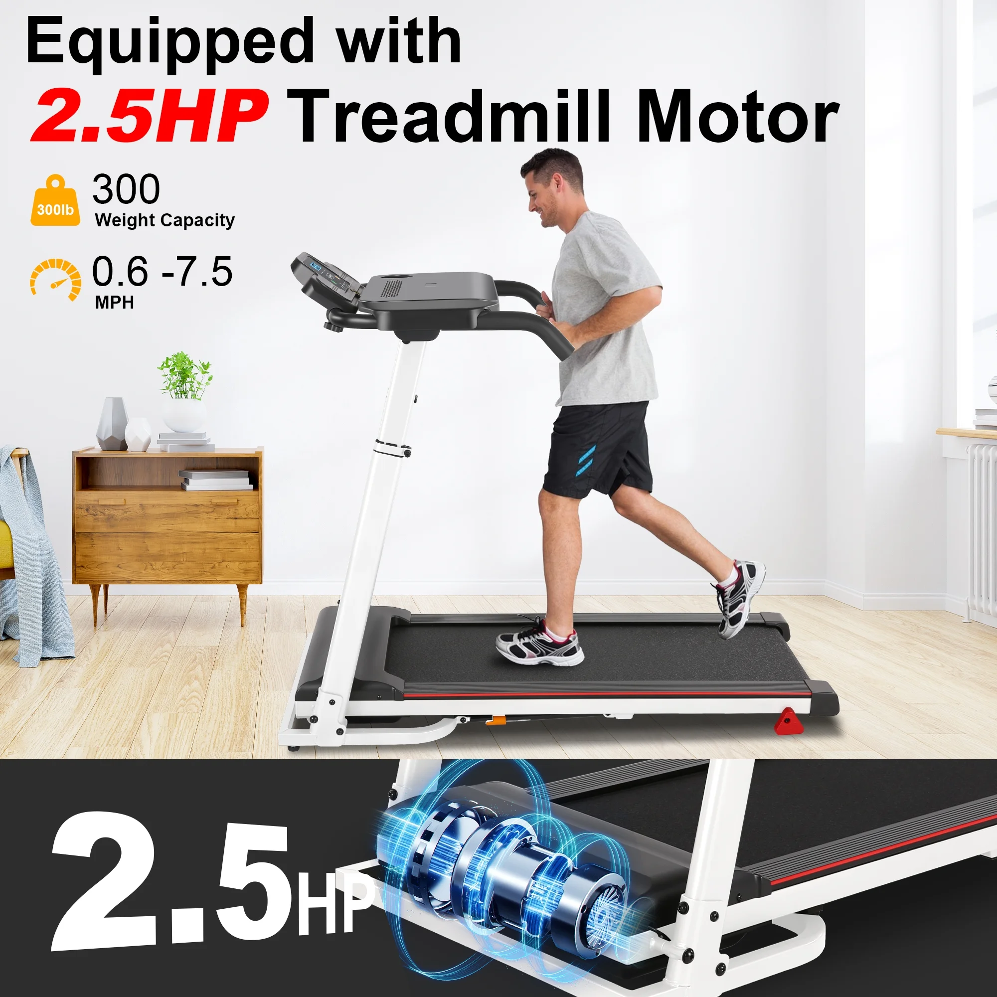 Tikmboex Folding Treadmill with Removable Tabletop and Incline, 2.5 HP Running Machine and 300Lbs Capacity for Home Office Use,White