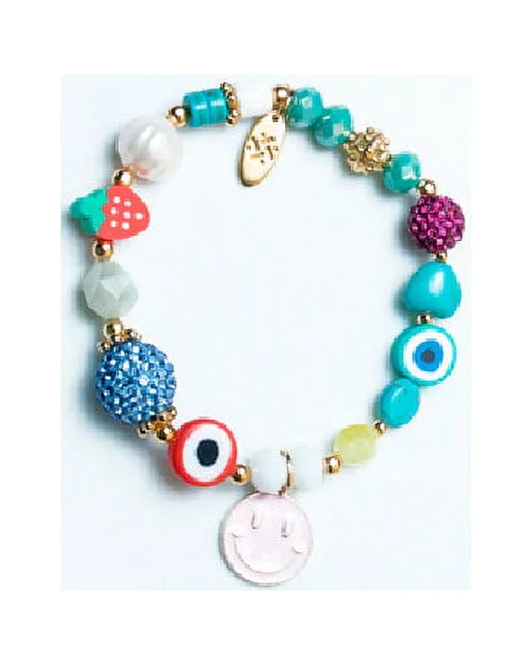 By Fabrizio Design Aurora Manarola Smiley Face, Red Murano Nazar, Magenta & Sky Blue Fireball Charms Elastic Bracelet for Women