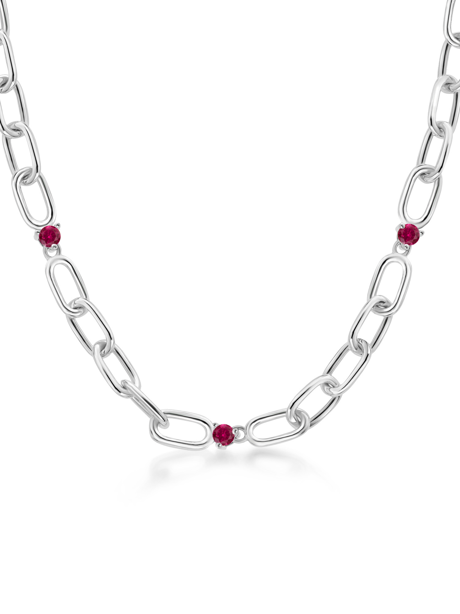 Gem Stone King 0.18 Ct Round Red Created Ruby 925 Sterling Silver Link Paperclip Chain Necklace for Women