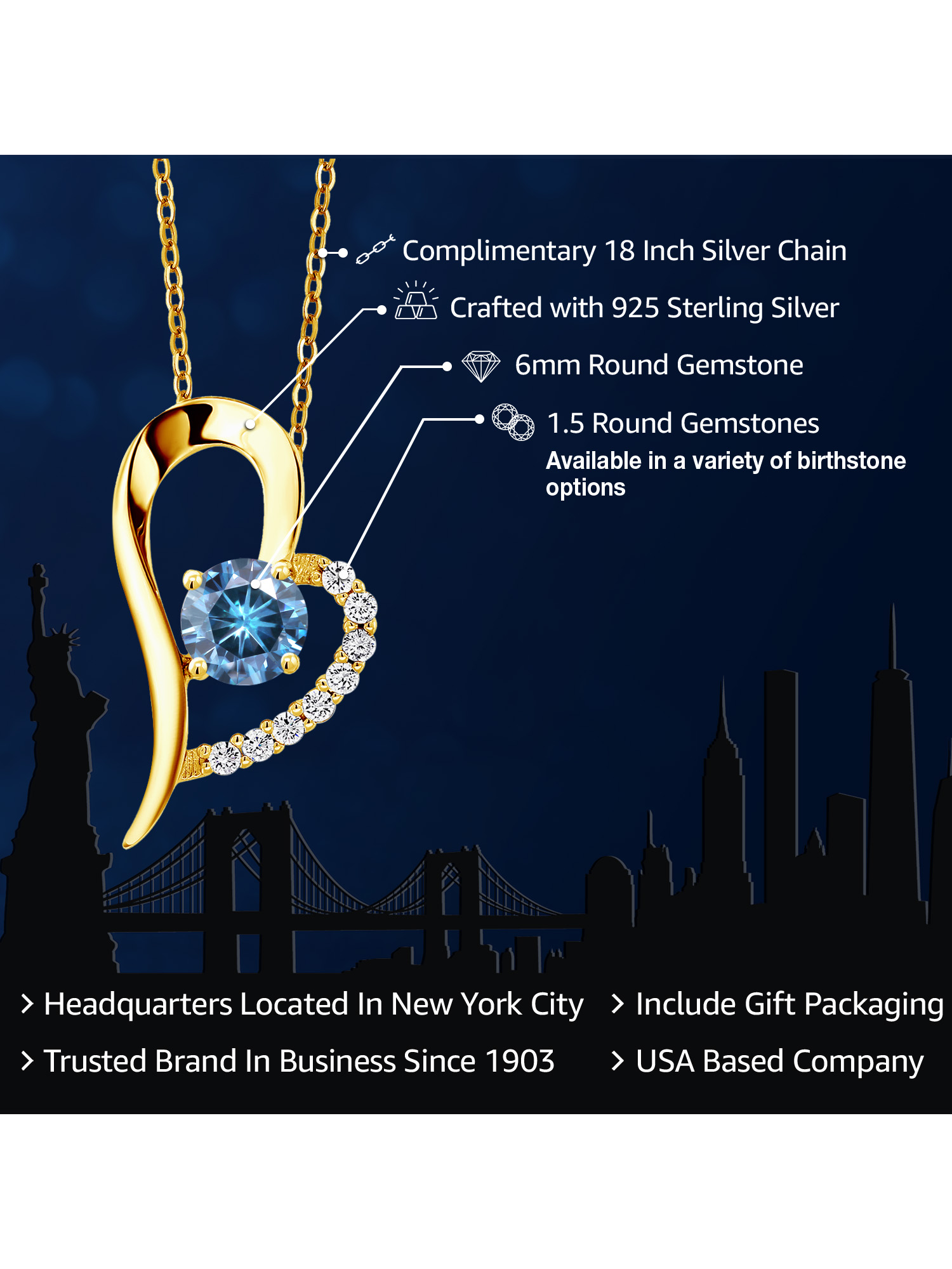Gem Stone King 18K Yellow Gold Plated Silver Persian Blue Moissanite Heart Shape Pendant Necklace For Women (0.92 Cttw, Round 6MM, Gemstone Birthstone, with 18 inch Chain)