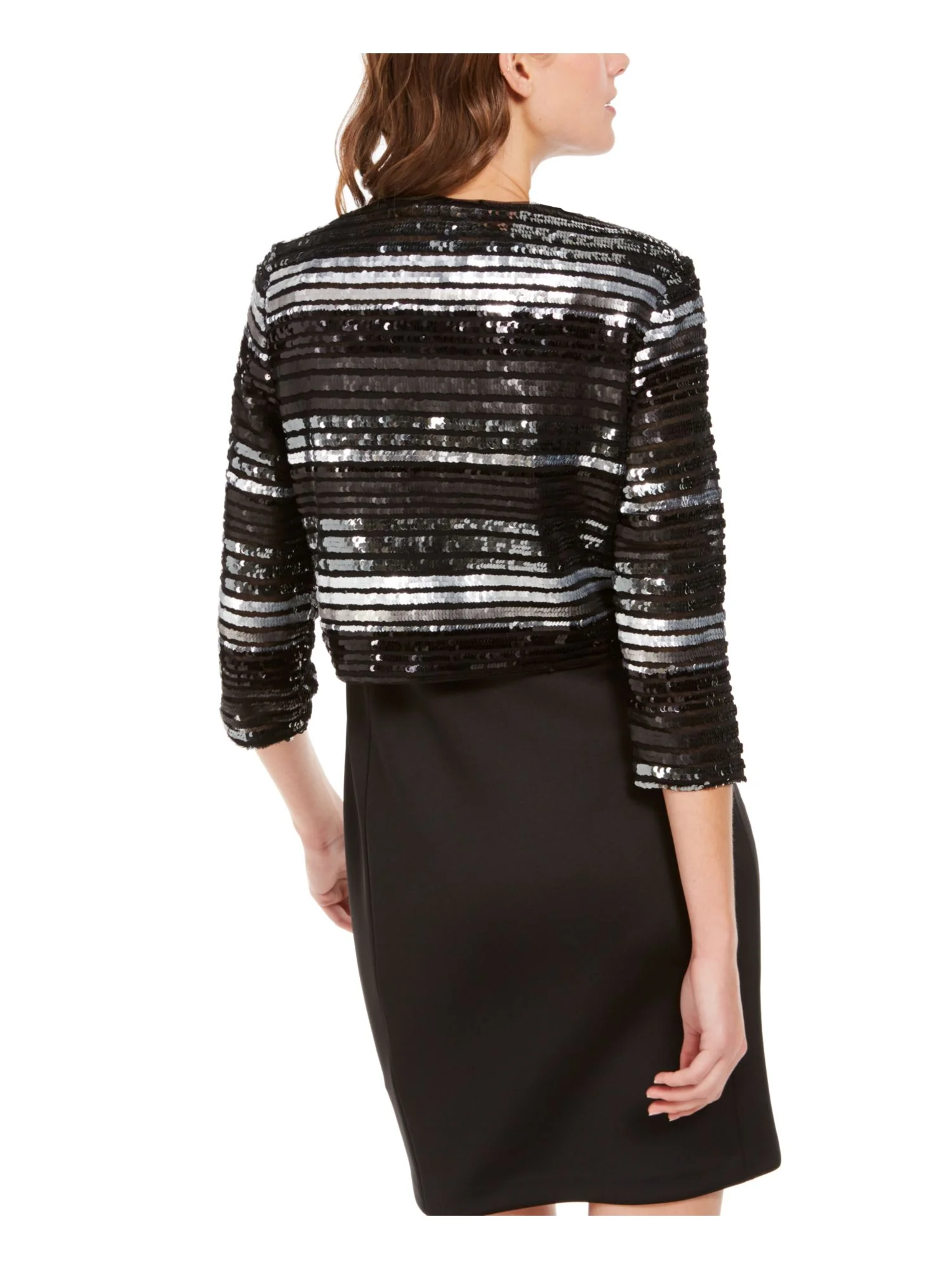 R&M RICHARDS Womens Black Sequined Shrug Bell Sleeve Open Cardigan Wear To Work Top L