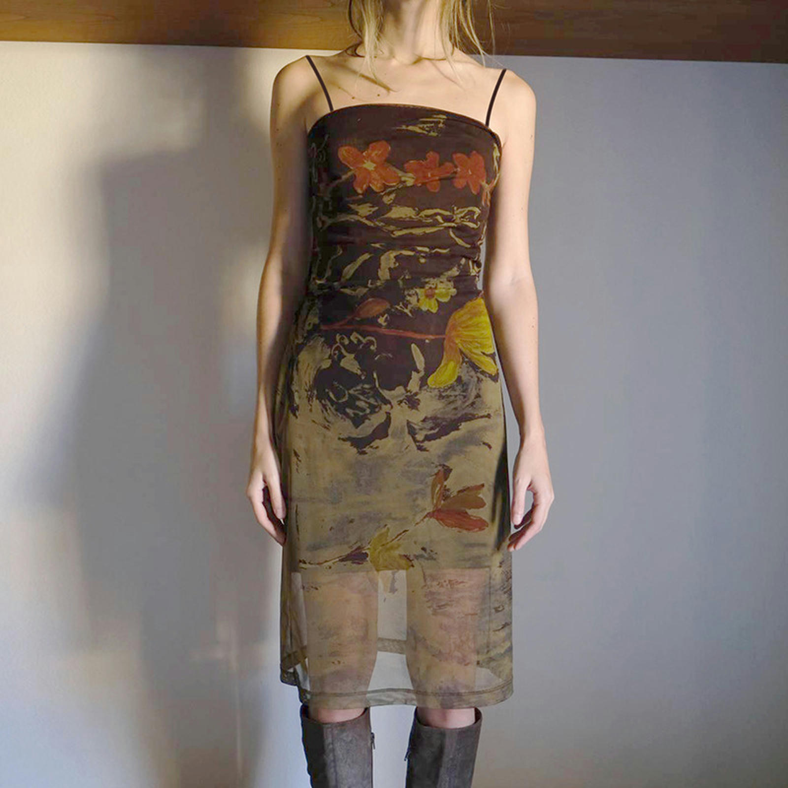 American Retro Print Mesh Skirt New Double Layer Waist Slimming Straight Neck Tube Top Dress Summer-Brown-S