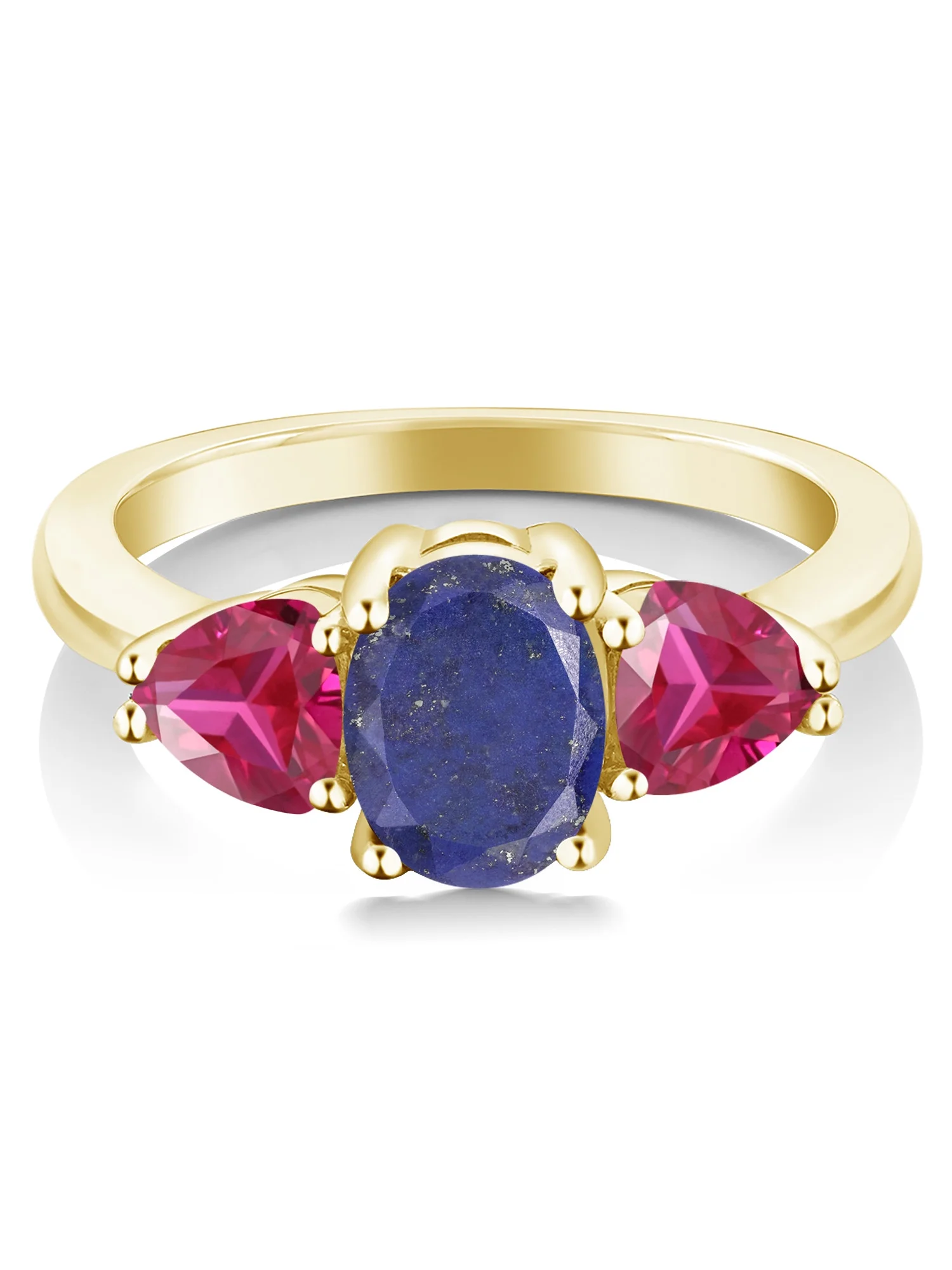 Gem Stone King 2.26 Ct Oval Blue Lapis Red Created Ruby 18K Yellow Gold Plated Silver Ring