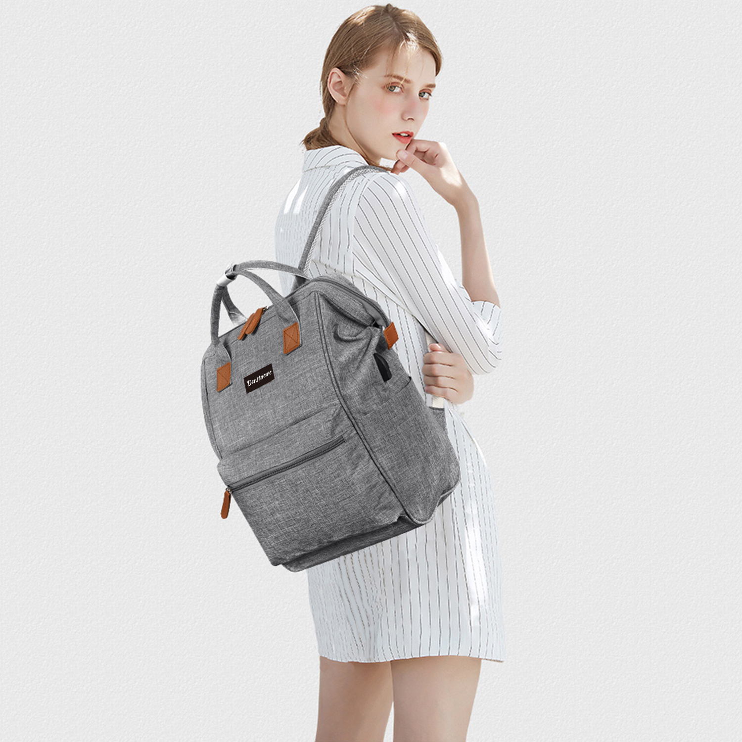 Derstuewe Unisex Classic Backpack, Casual Daypack with USB Charging Port for Women & Men, Grey