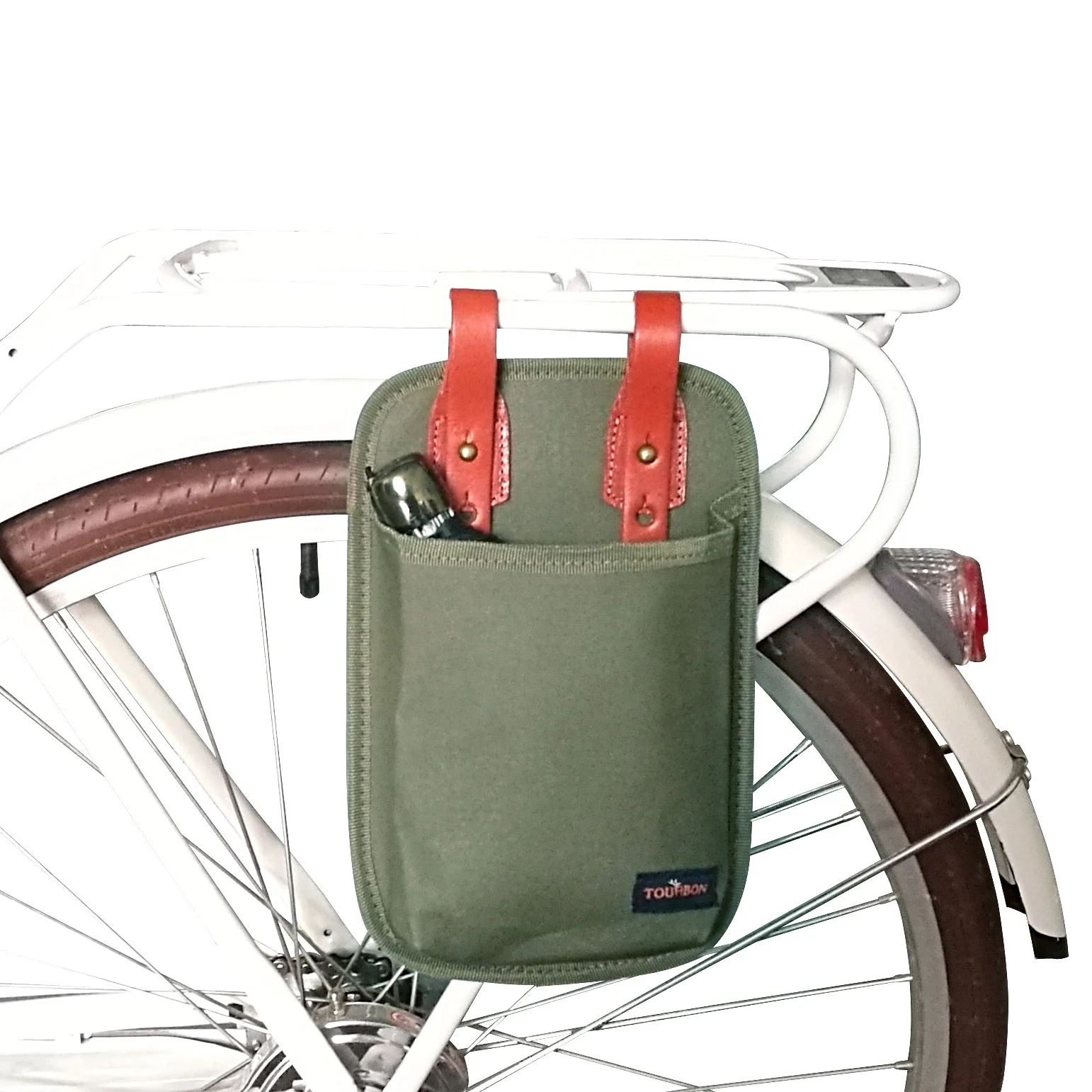 TOURBON Bike Tool Storage Pannier for Bicycle U Lock Holder Bag Green Canvas & Leather