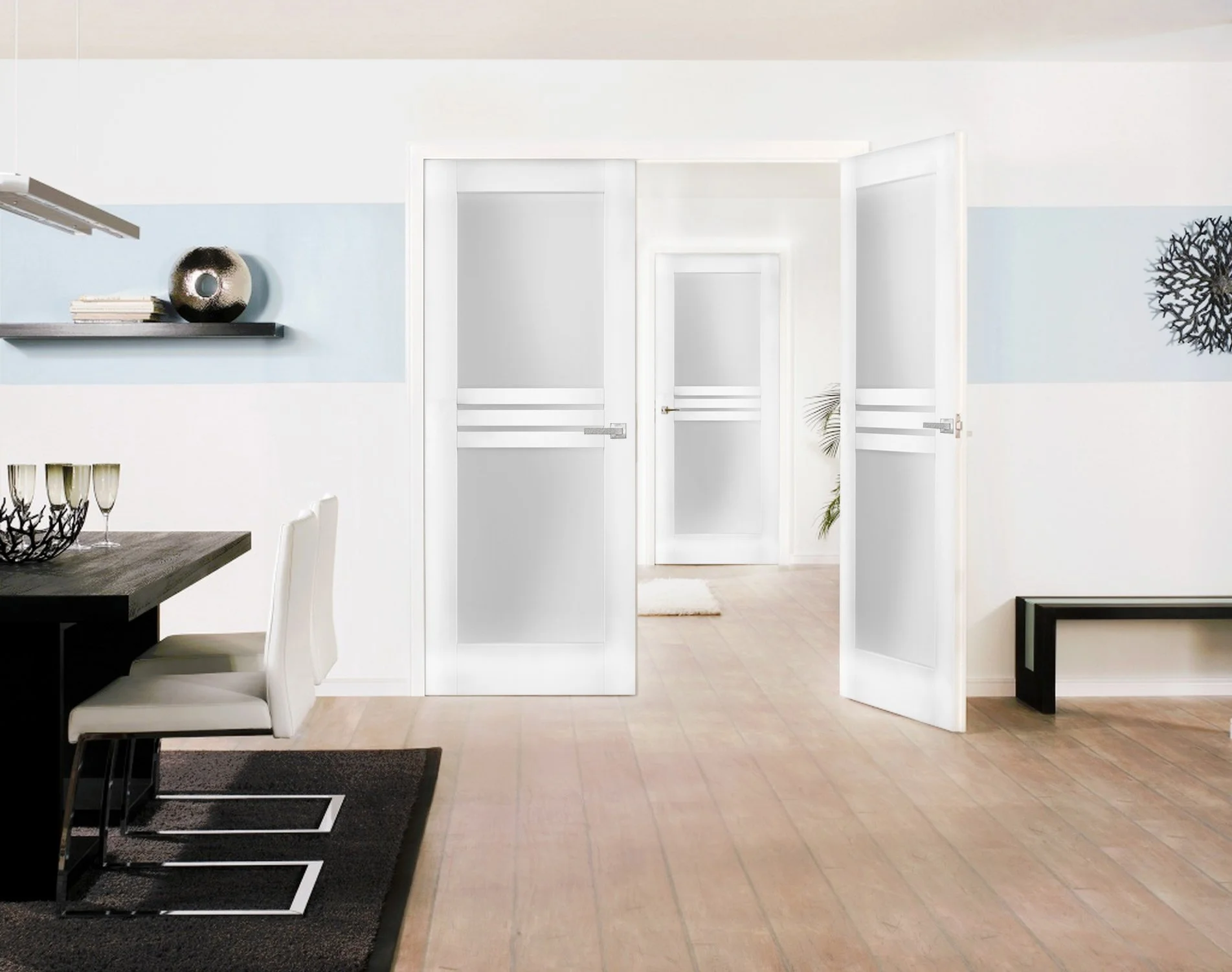 Solid French Double Doors 36 x 96 inches Opaque Glass 4 Lites / Mela 7222 White Silk / Wood Solid Panel Frame / Closet Bedroom Modern Doors