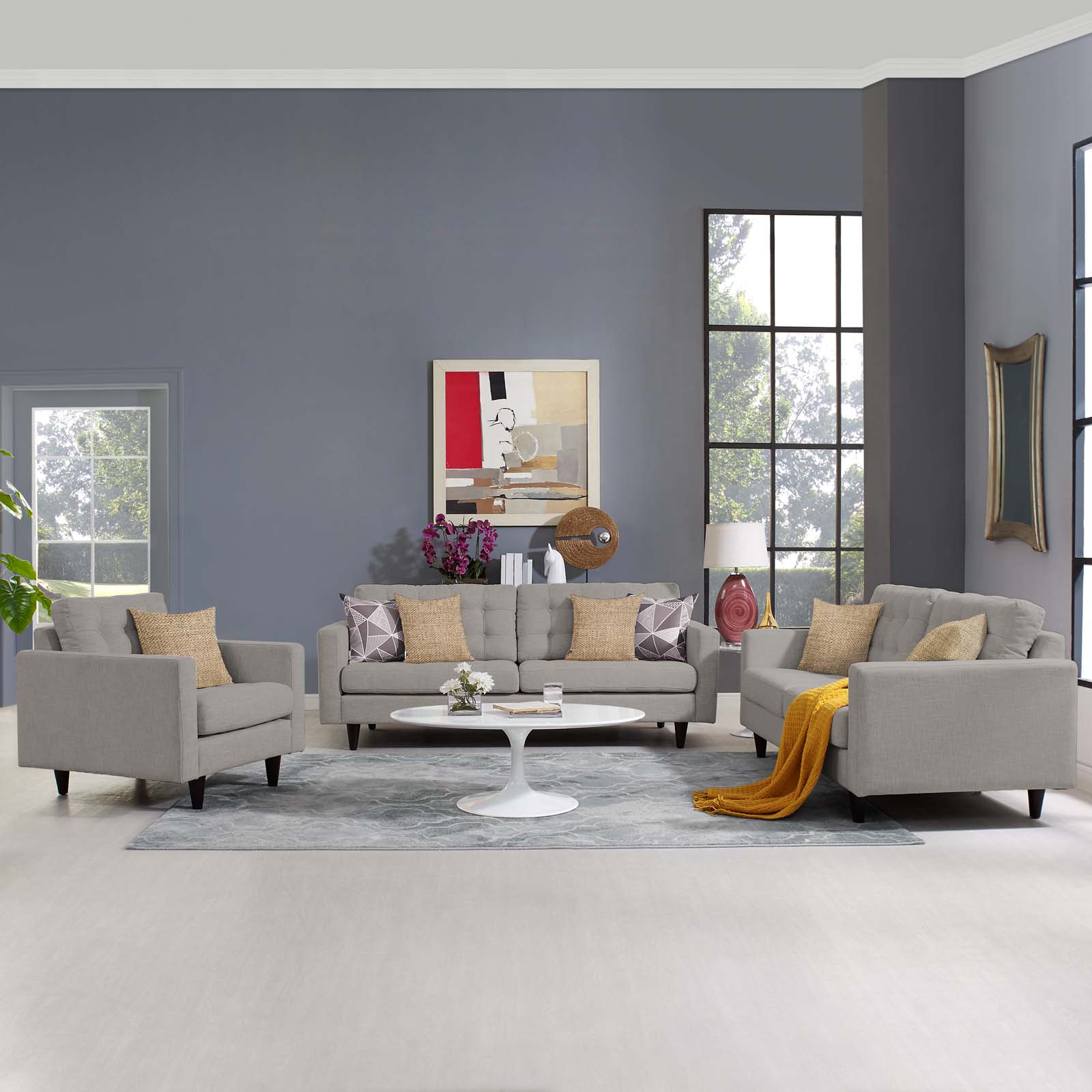 Modern Contemporary Urban Design Living Room Lounge Club Lobby Armchair and Lovesea and Sofa Set, Fabric, Light Grey Gray