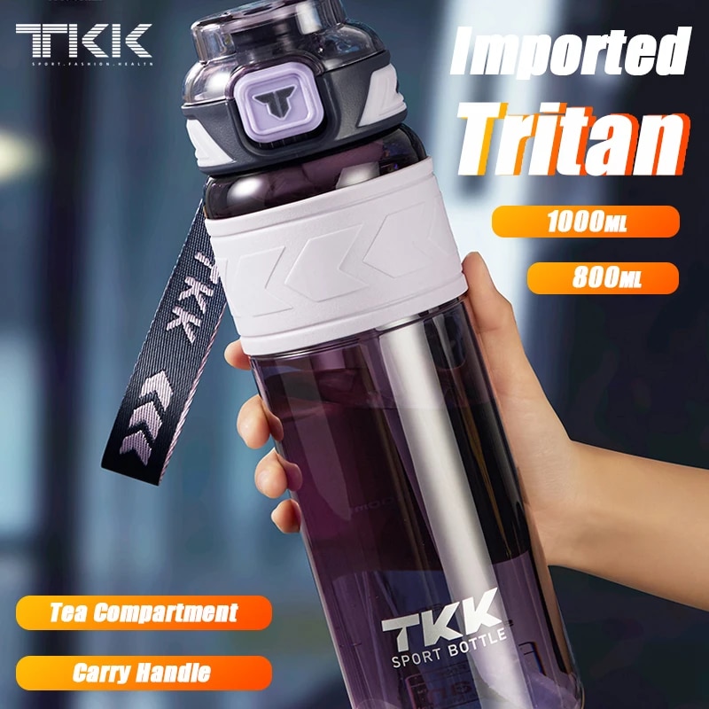Sports Water Bottle with Tea Drain Fliter TRITAN Portable Straw and Direct Adults Outdoor Gym Kettle BPA-Free Leak-proof 1.0L Tritan White