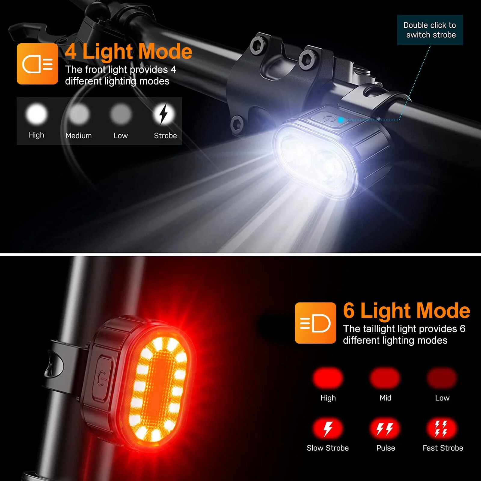 USB Rechargeable LED Bicycle Headlight Bike Front Rear Light Cycling Lamp Set