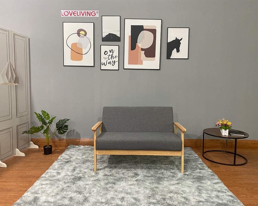 Sofa Couch for Living Room Wood Furniture, 2 Seater Sofa Compact Loveseat Couch Lounge for Home Office, Linen Fabric Small Sofa Upholstered Seat Comfortable Padded Seat for Bedroom
