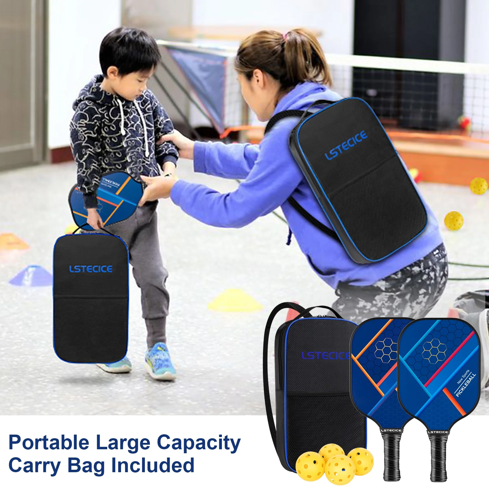 LSTECICE Paddle Set of 2 Pickleball Paddles, Blue, Fiberglass Composite 7.9Oz, 4 Balls, 1 Bag