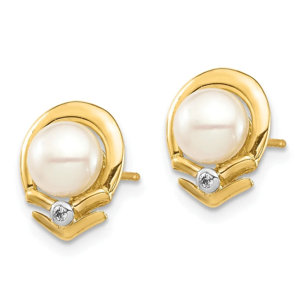 Auriga 14k Yellow Gold 5-6mm White Button FW Cultured Pearl .02ct Diamond Stud Earrings for Women (L- 0.44 inch, W- 0.24 inch)