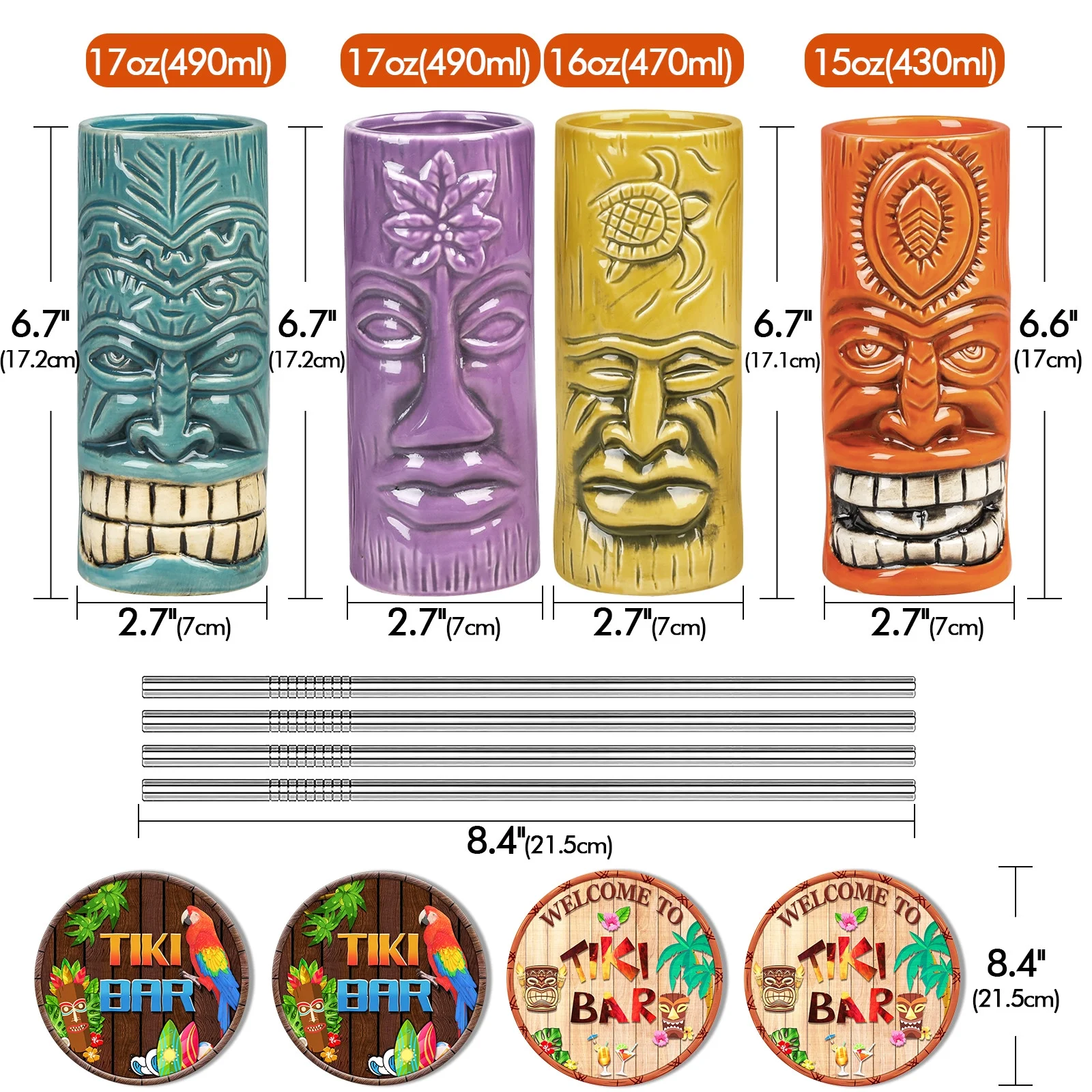 Tiki Mugs Set of 4– Ceramic Hawaiian Party Mugs Large Drinkware, Tiki Bar Mugs for Cocktails, Tropical Cups Drinks for Exotic Party