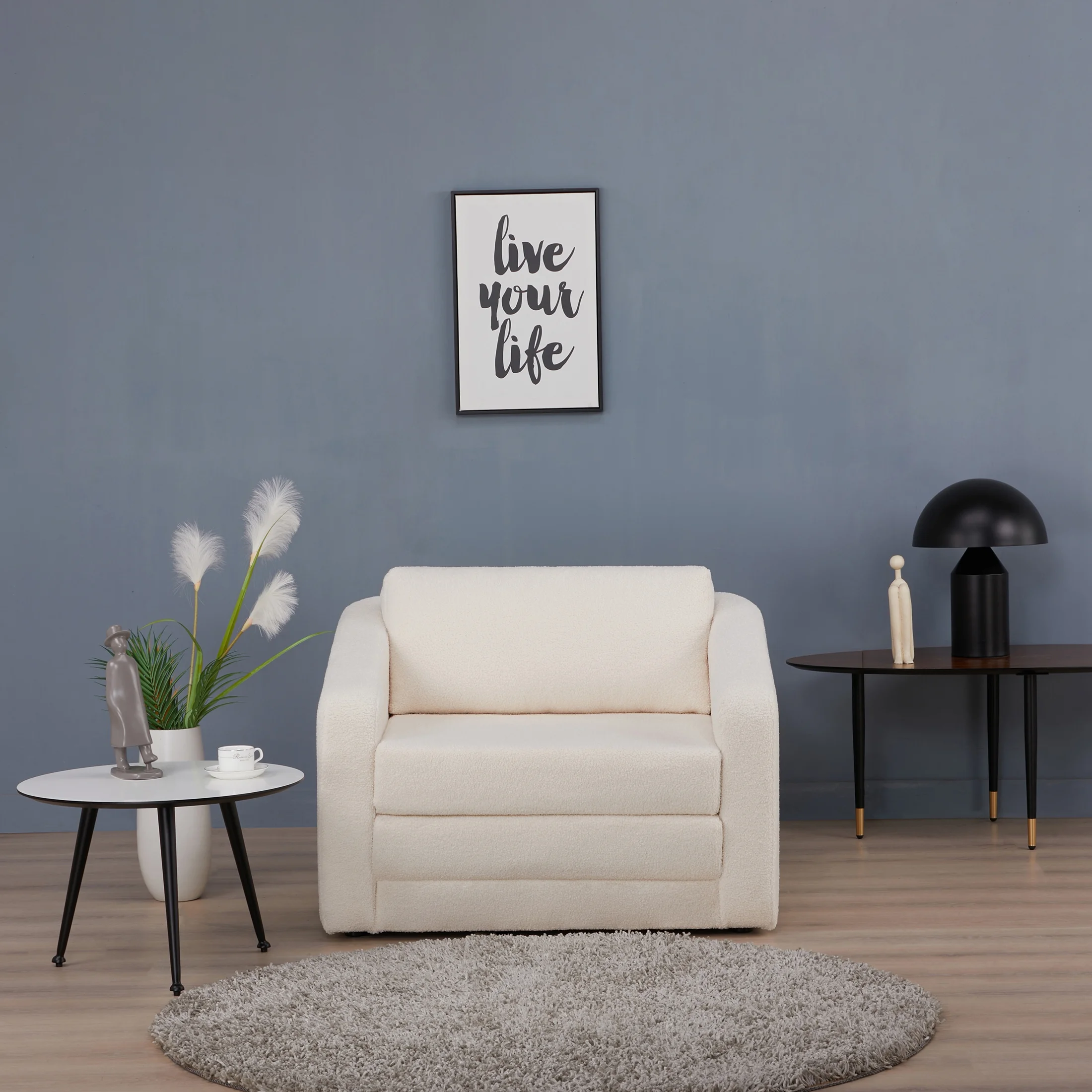 A&D Home Pala Polyester Sherpa Convertible Chair, Compact Sleeper, Ivory