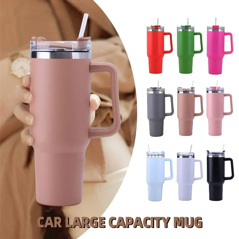 40oz BPA Free Thermal Mug Straw Coffee Insulation Cup With Handle Portable Car Stainless Steel Water Bottles Large Capacity 40oz Pink