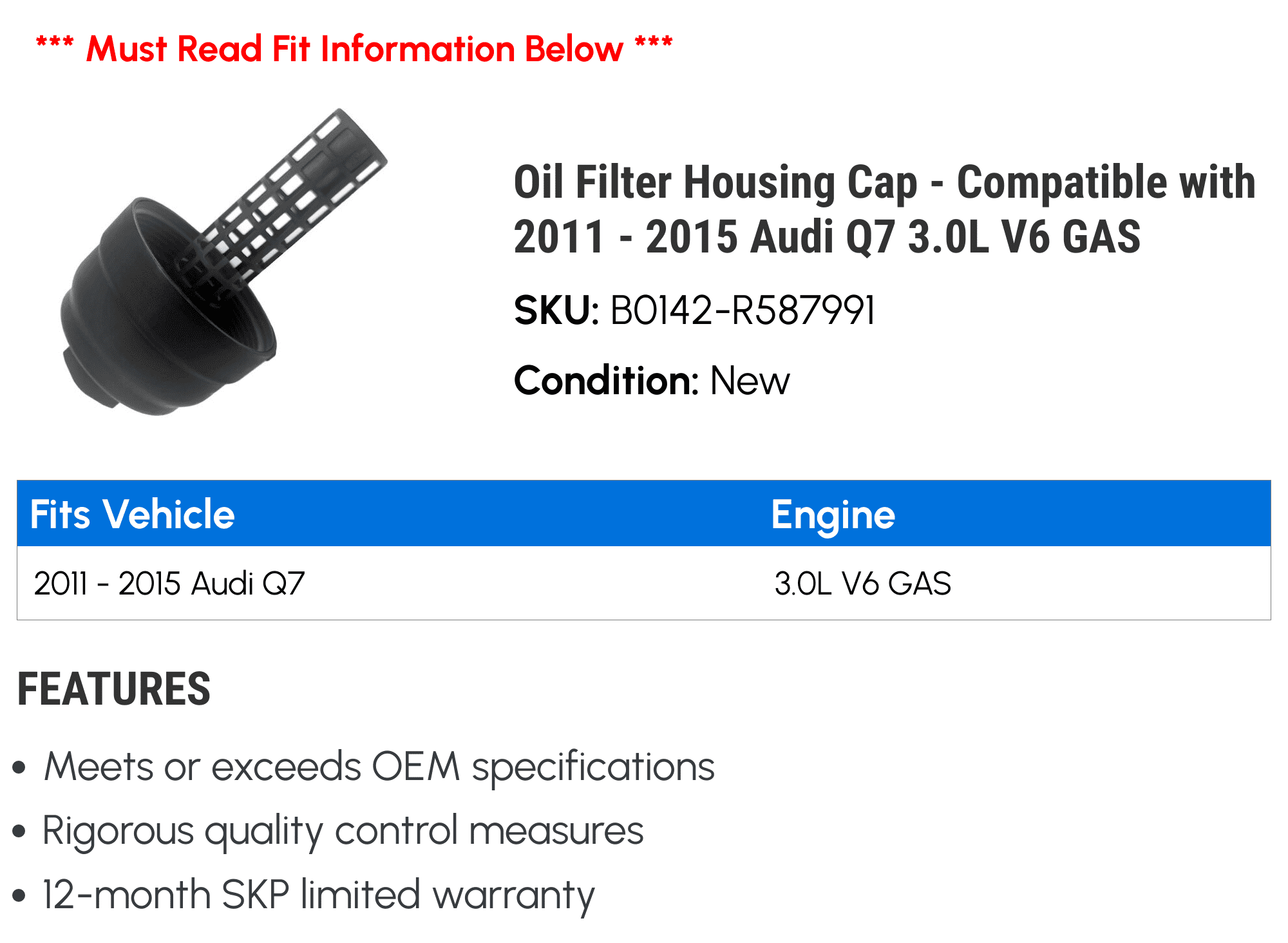 Filter Housing Cap - Compatible with 2011 - 2015 Audi Q7 3.0L V6 GAS 2012 2013 2014