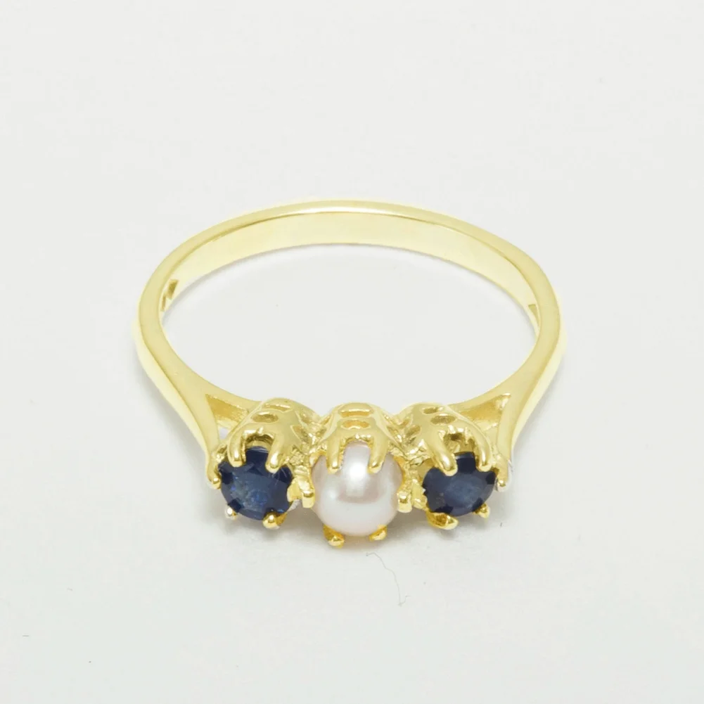 LBG British Made 10k Yellow Gold Cultured Pearl & Sapphire Womens Anniversary Ring - 33 size options - Size 10