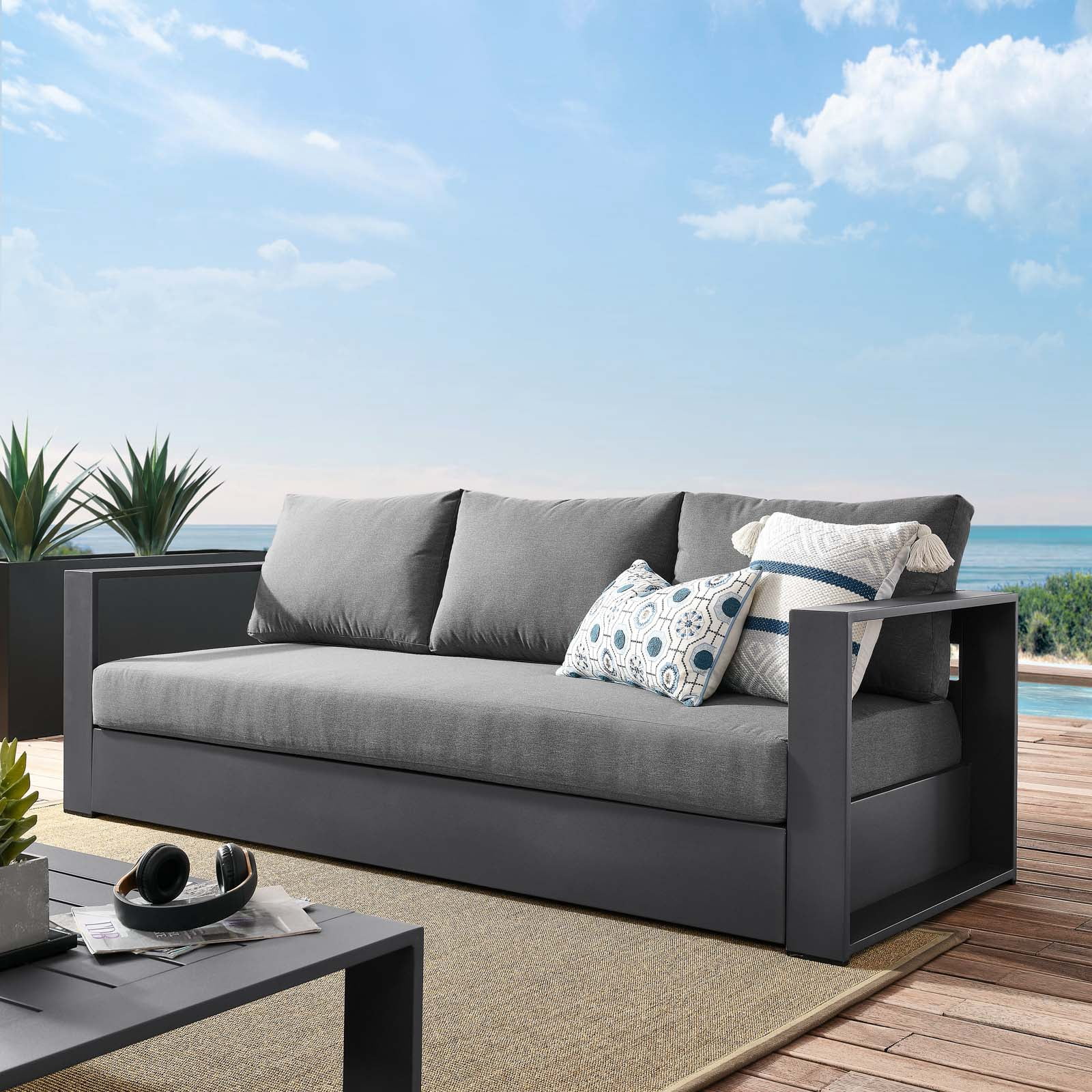 Lounge Sofa, Grey Gray, Aluminum, Metal, Fabric, Modern Contemporary, Outdoor Patio Balcony Cafe Bistro Garden Furniture Hotel Hospitality