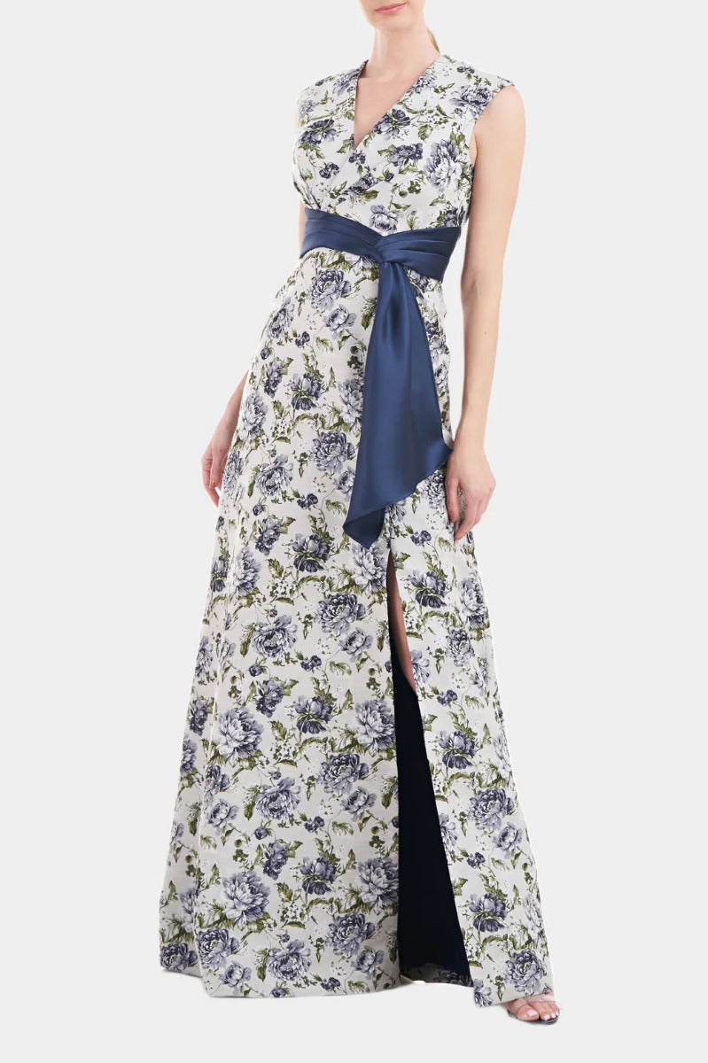 Kay Unger V-Neck Cap Sleeve Wrap Bodice with Pleats Waist Band Fit & Flare Jacquard Dress-MIDNIGHT GREEN / 2