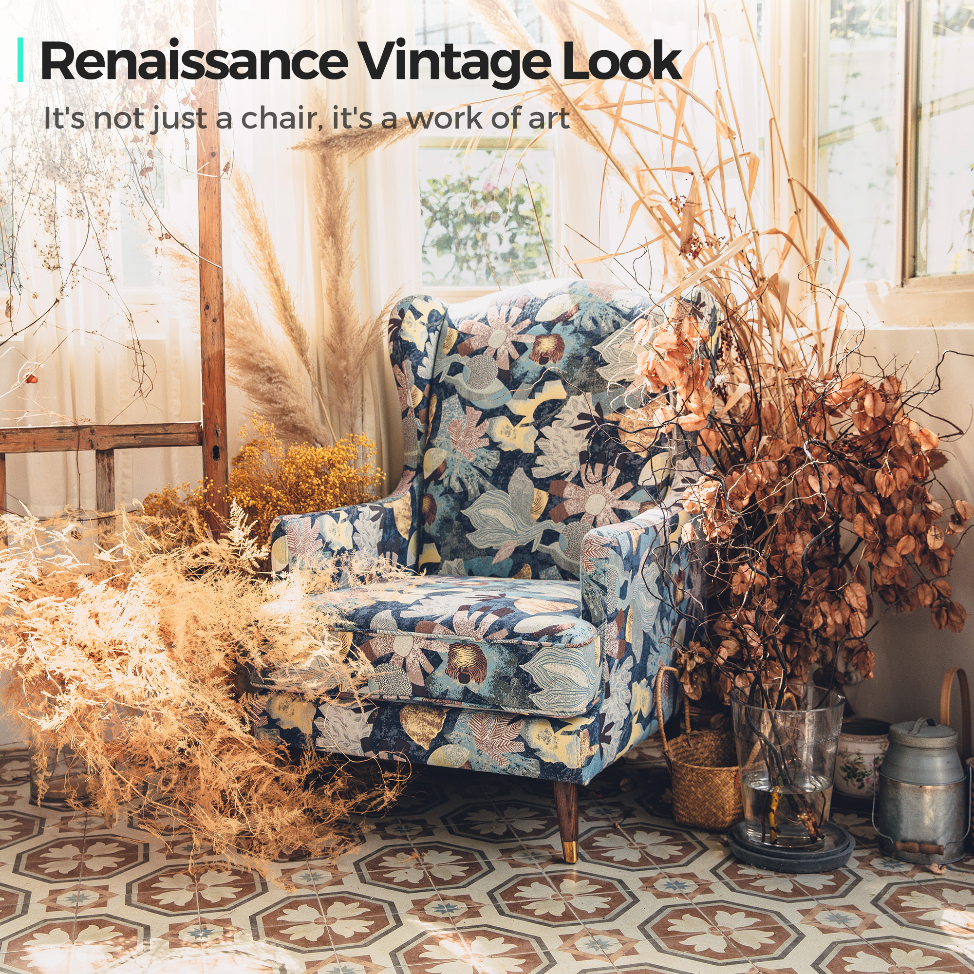 LINSY HOME Printing Accent Chair with Ottoman and Pillow,Accent Single Padded Sofa Armchair with Wooden Leg,Comfy Reading Chair for Living Room, Bedroom