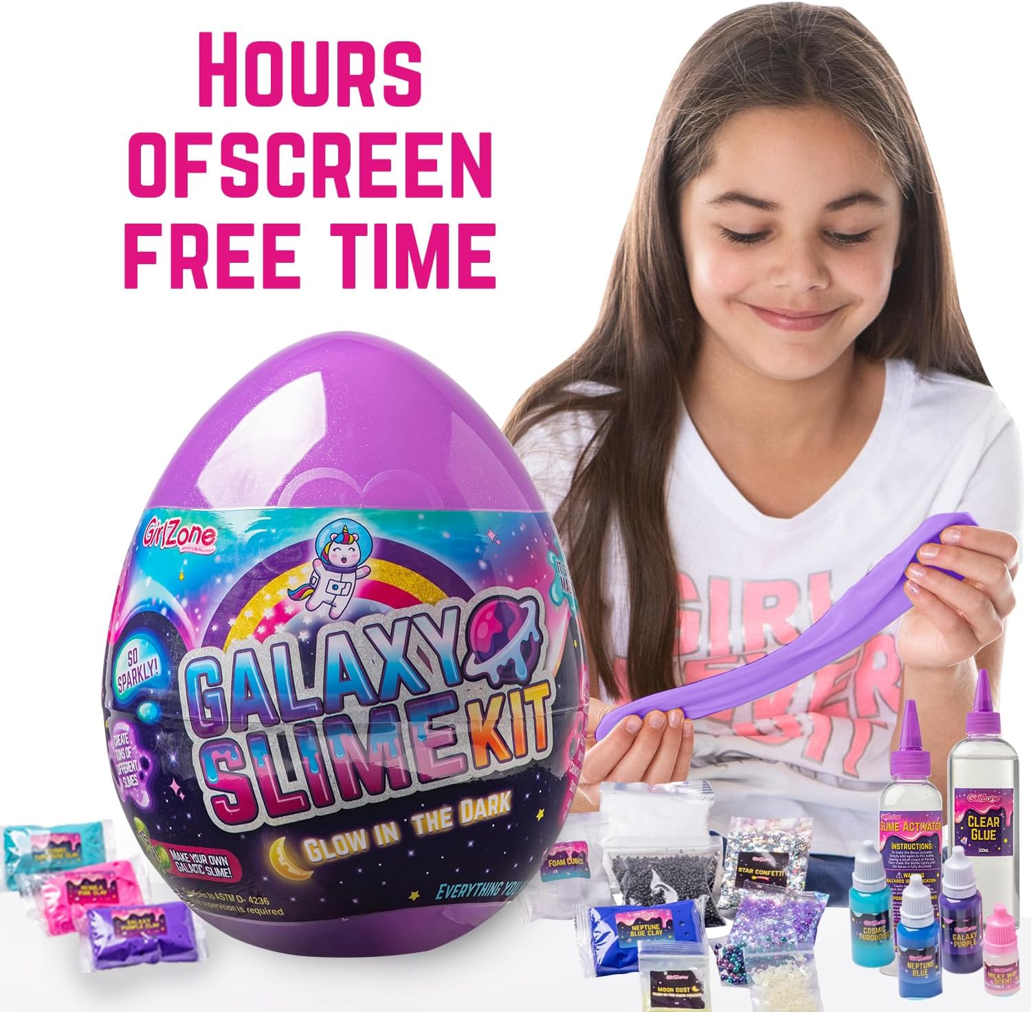 GirlZone Egg Surprise Galaxy Slime Kit for Girls, Measures 9.5 Inches High, 41 Pieces to Make DIY Glow in The Dark Slime with Lots of Fun Glitter Slime Add In's, Great Gifts for Girls 10-12 Years Old