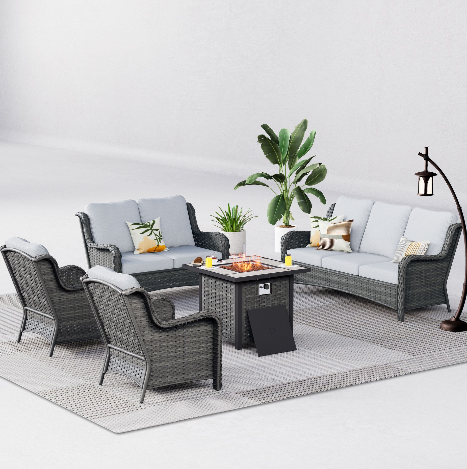 Vcatnet 5 Pieces Outdoor Patio Furniture Sectional Sofa All-weather Conversation Set with Fire Pit Table for Garden,Poolside,Gray