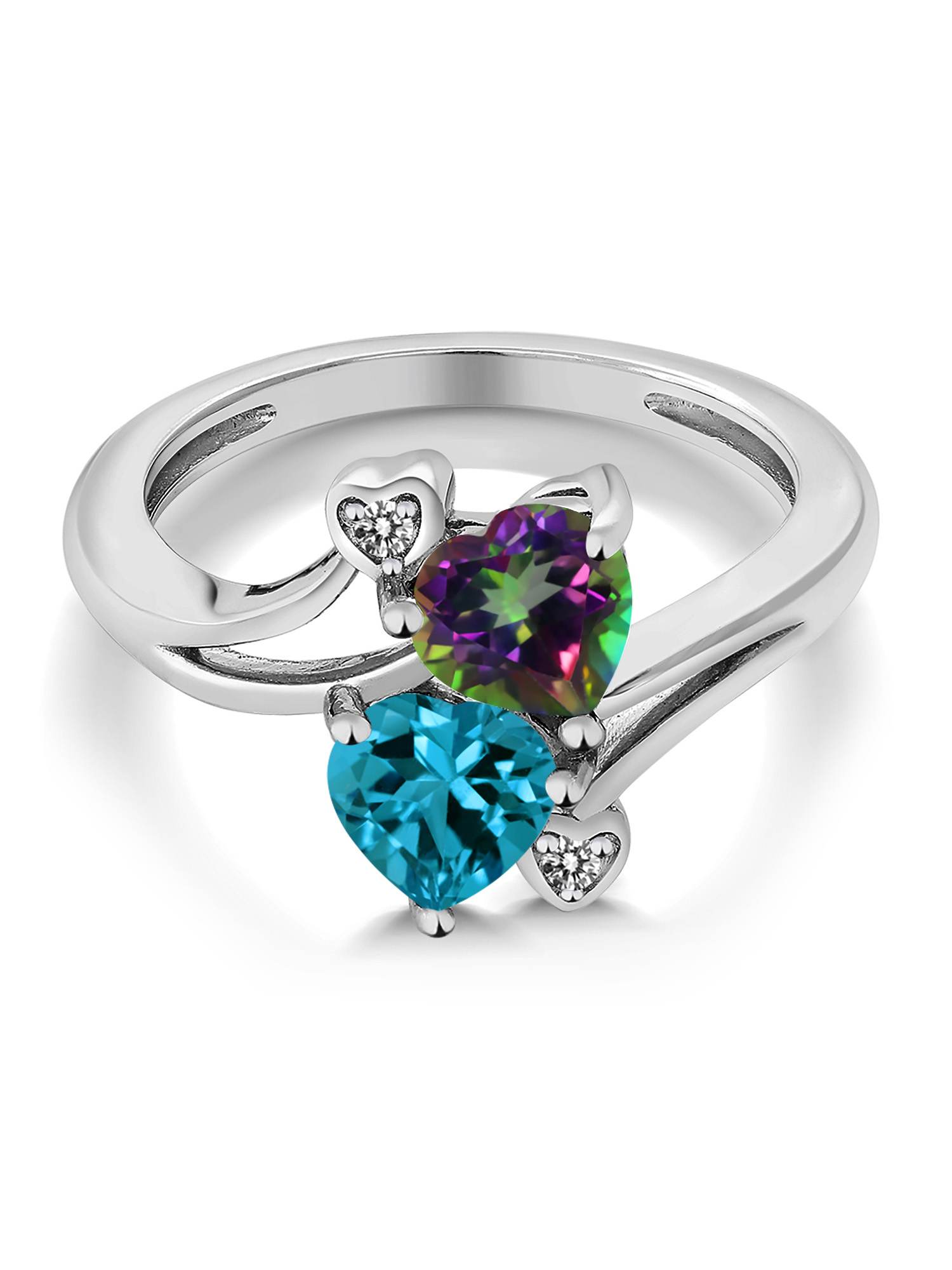 Gem Stone King 925 Sterling Silver Green Mystic Topaz London Blue Topaz and White Diamond Ring For Women (1.93 Cttw, Heart Shape 6MM, Gemstone Birthstone, Available In Size 5, 6, 7, 8, 9)