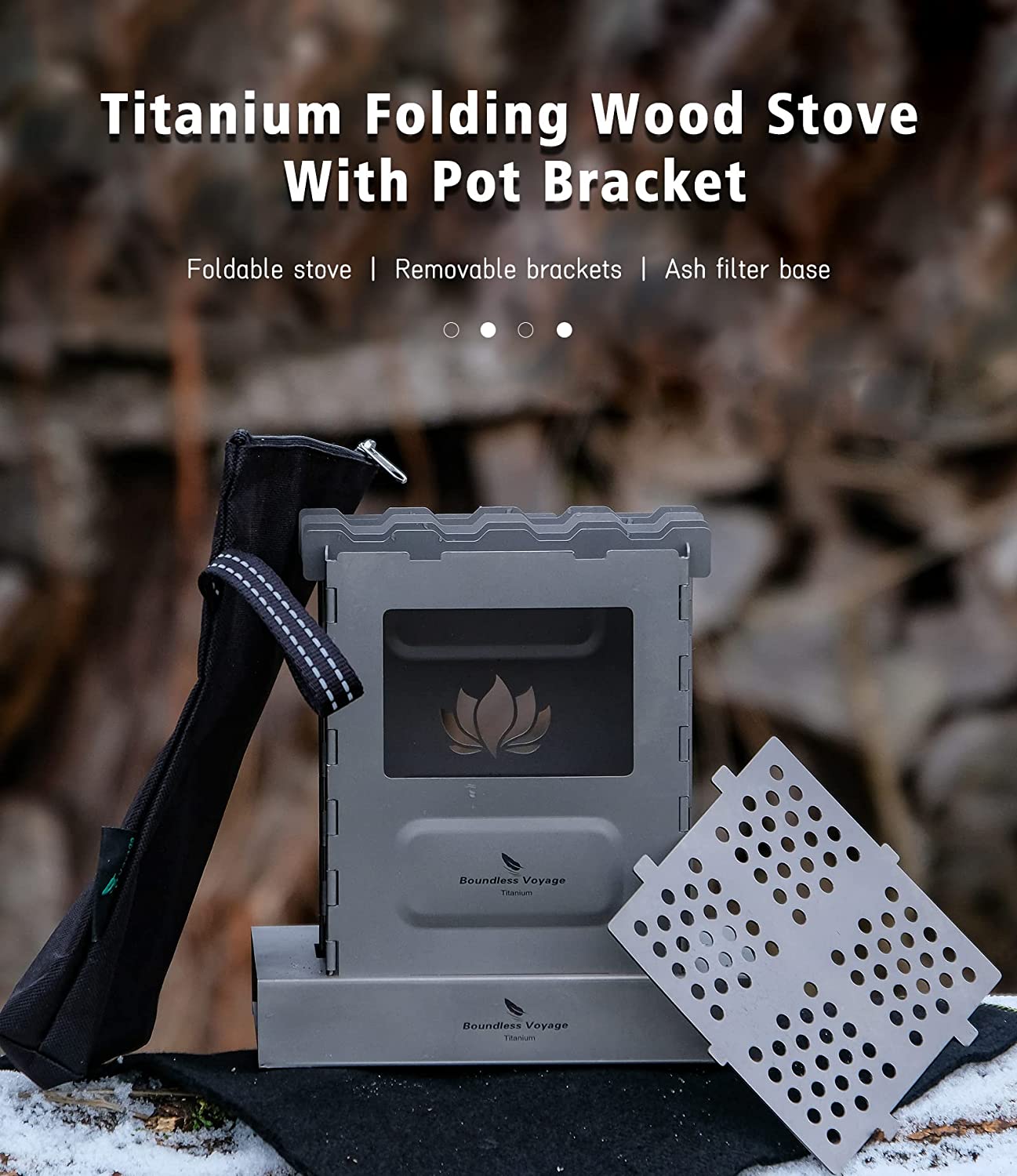 RUO Outdoor Titanium Folding Wood Stove With Pot Bracket Foldable Camping Multi-Fuels Stove Portable Collapsible Charcoal Burner Furnace
