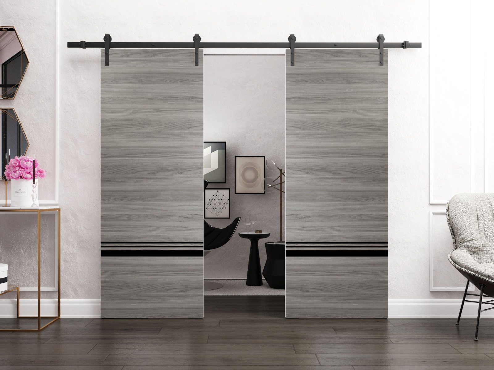 Sturdy Double Barn Door 36 x 80 inches with | Planum 0012 Grey Matte with Frosted Glass | Stainless Steel 13FT Rail Hangers Heavy Set | Solid Panel Interior Doors