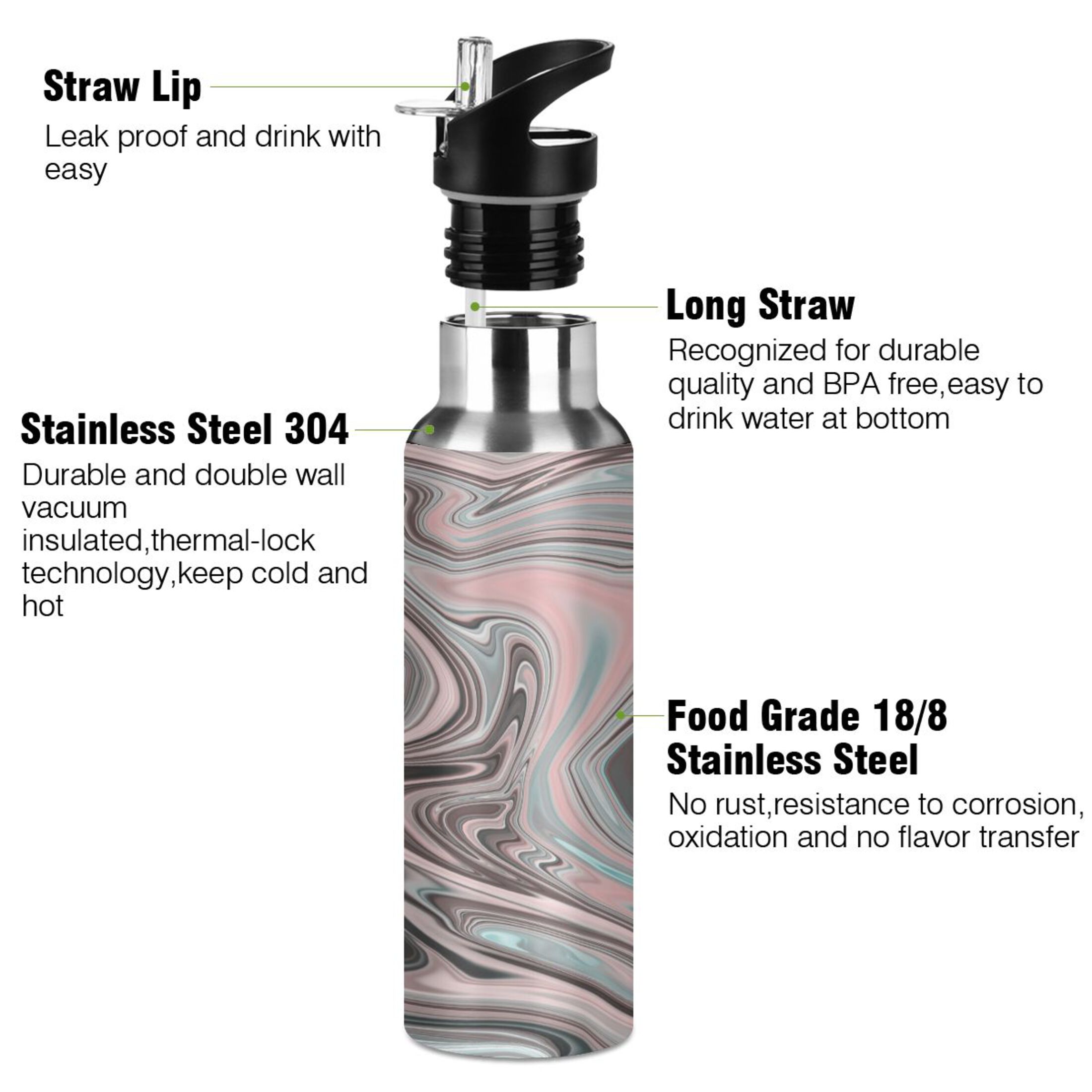 Water Bottle with Straw Lid Leak Marble Pink Colorful Stainless Steel Insulated Thermos Vacuum Flask for Cold Hot Drinking for Sports Camping Gym Yoga