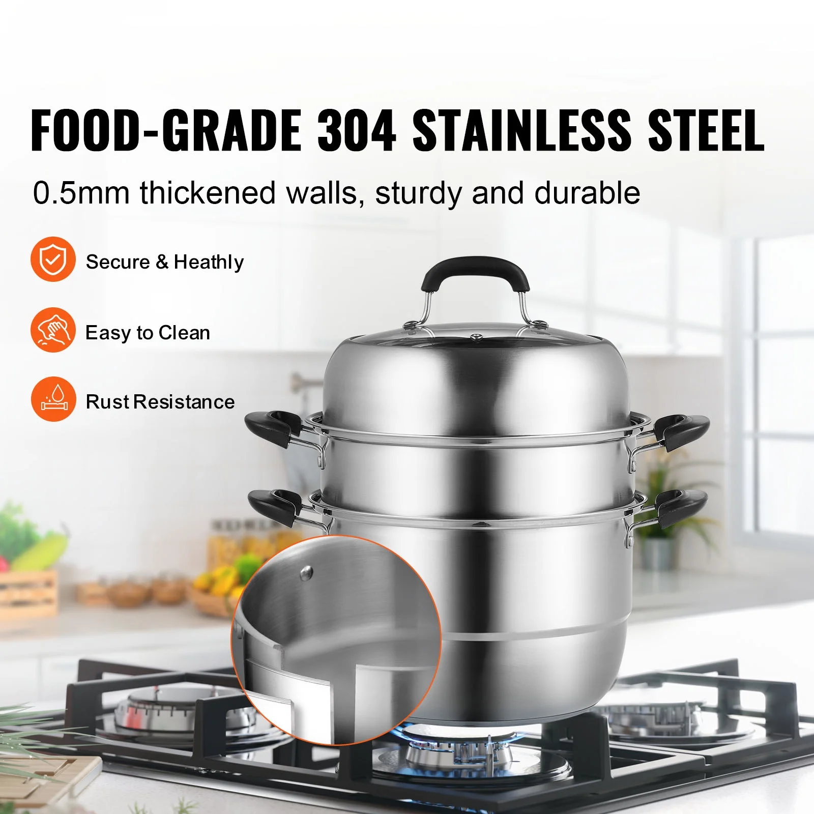 SKYSHALO Steamer Pot 11in/28cm, 3 Tier Steamer Pot for Cooking with 8.5QT Stock Pot, Vegetable Steamer & 2 Steaming Tray, Food-Grade 304 Stainless Steel Food Steamer Cookware for Gas Electric Stove