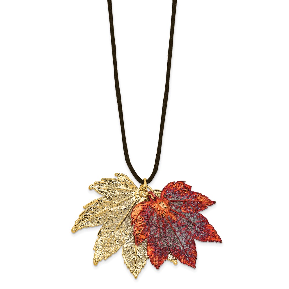 24k Gold and Iridescent Copper Dipped Double Real Full Moon Maple Leaves 20 inch Leather Cord Necklace QBF1963-20
