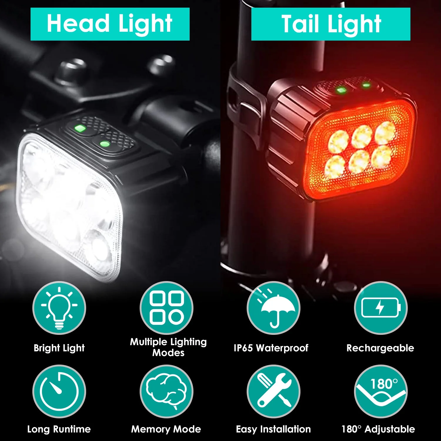 Bike Lights Set Ultra Bright, iMounTEK Rechargeable Bike Headlight TailLight with 6 Spot & Flood Beams, IP65 Waterproof Anti-Drop Bike Lights for Night Riding, Front Rear Safety