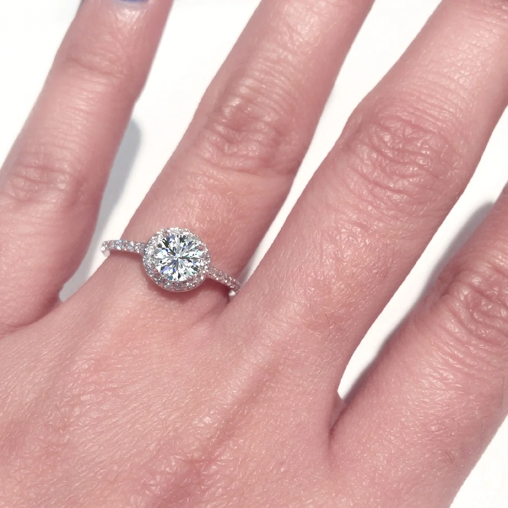 Dainty Halo Diamond Engagement Ring 1.15 Carat Total Weight 14K Gold (H,I1)