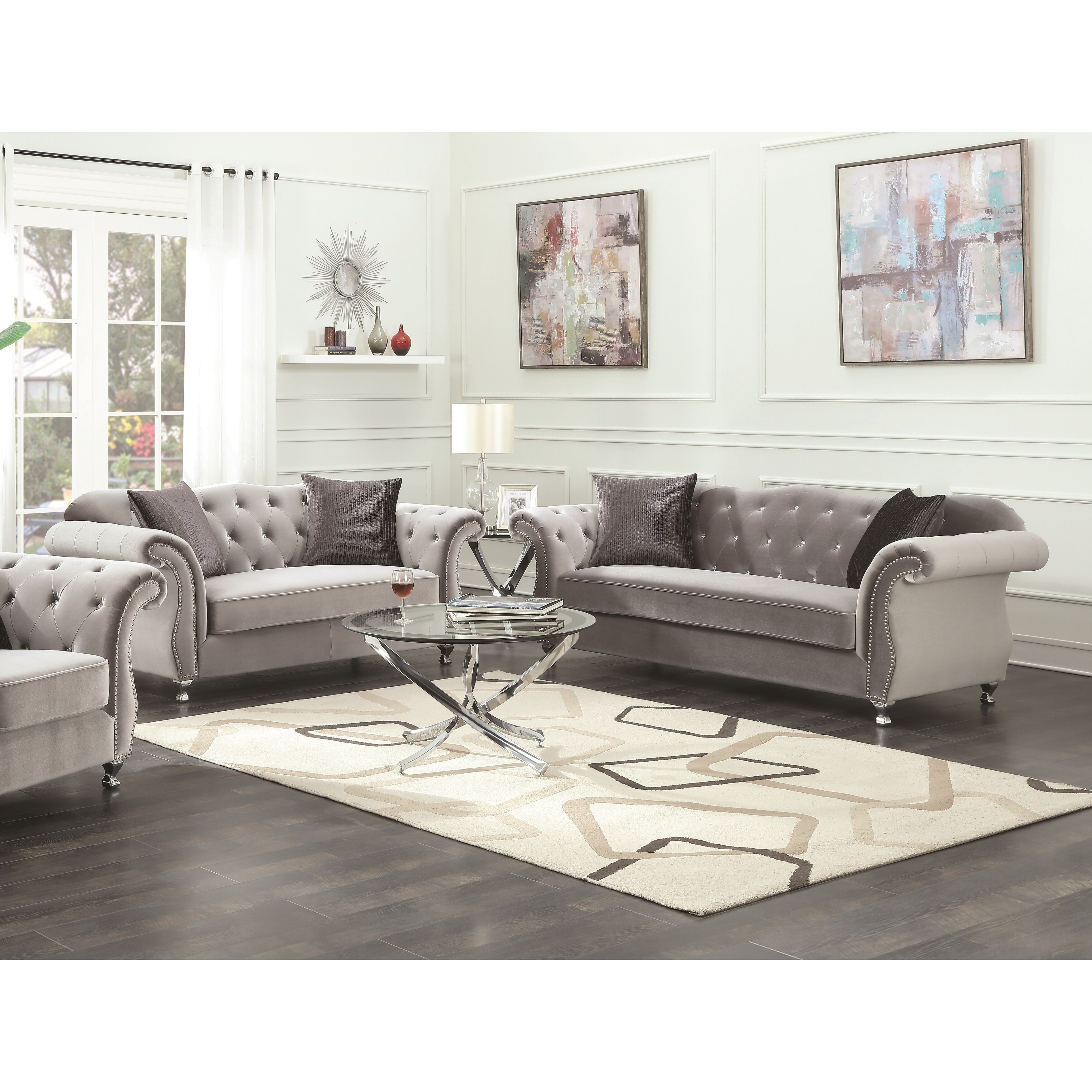 Frostine Upholstered Tufted Living Room Set Silver