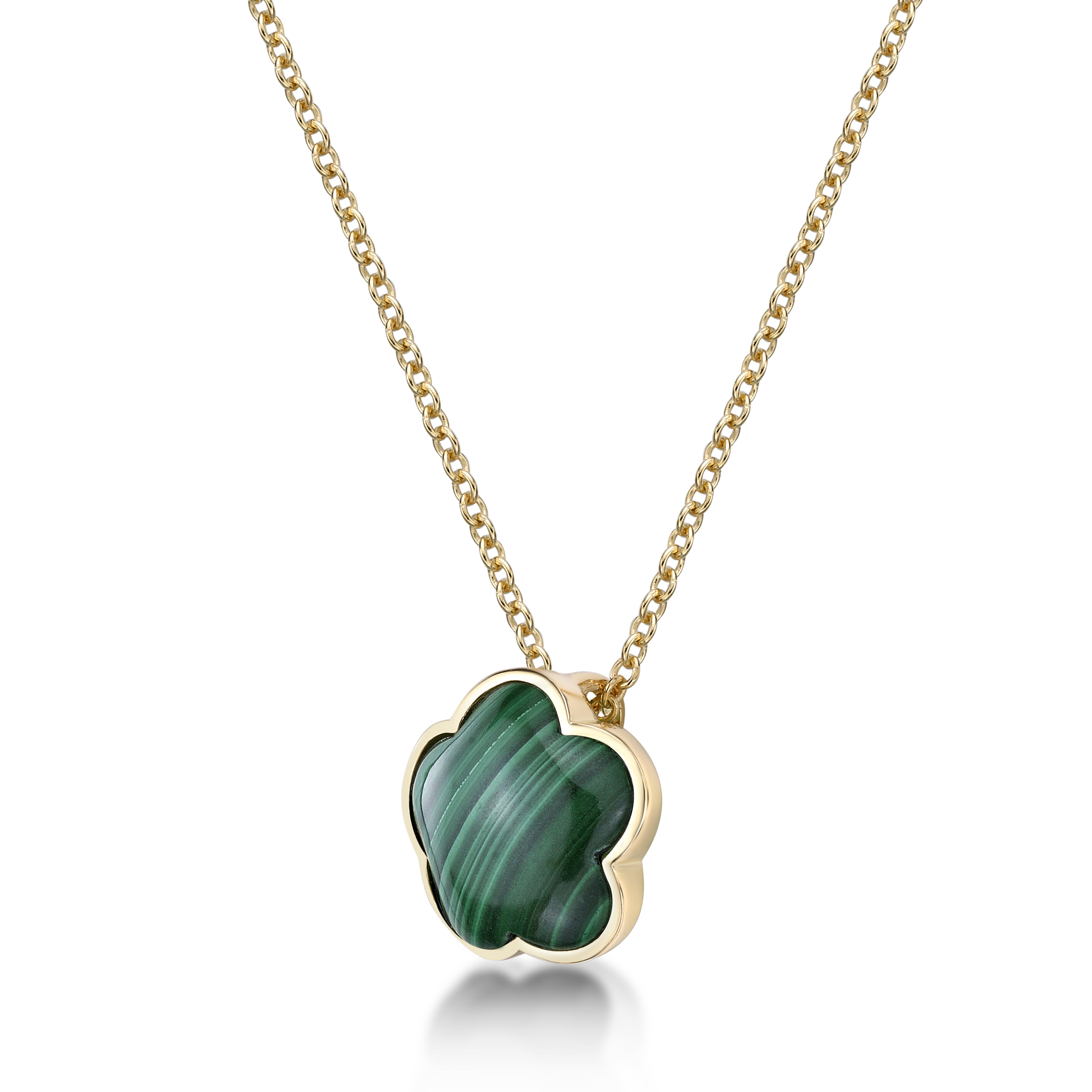 Green Malachite Five Petal Flower Pendant Necklace for Women in 925 Sterling Silver with Yellow Gold Plating on 18 Inch Chain with Spring Ring by Lavari Jewelers