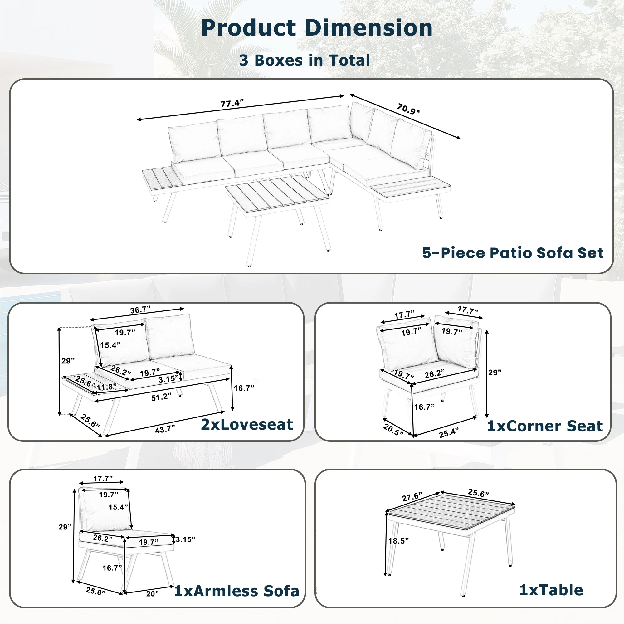 Churanty Aluminum Outdoor Patio Furniture Set, Modern Garden Sectional Sofa Set with End Tables, Coffee Table and Furniture Clips for Backyard, White+Grey