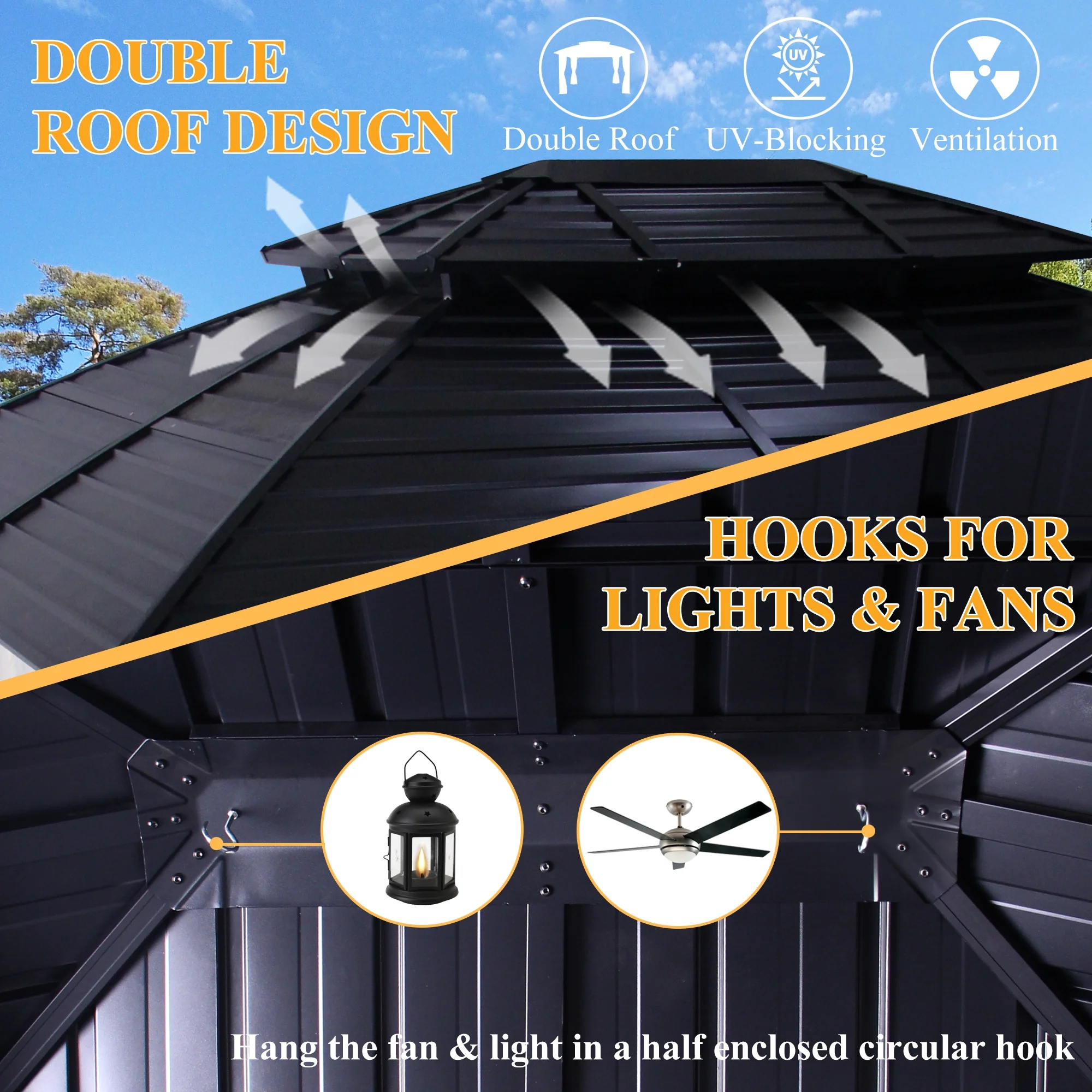 COVERONICS 10x12FT Patio Galvanized Steel Hardtop Gazebo - Dome Canopy Gazebo with Double Roof, Outdoor Gazebo with Breathable Netting & Private Curtains for Garden, Poolside, Deck, Backyard