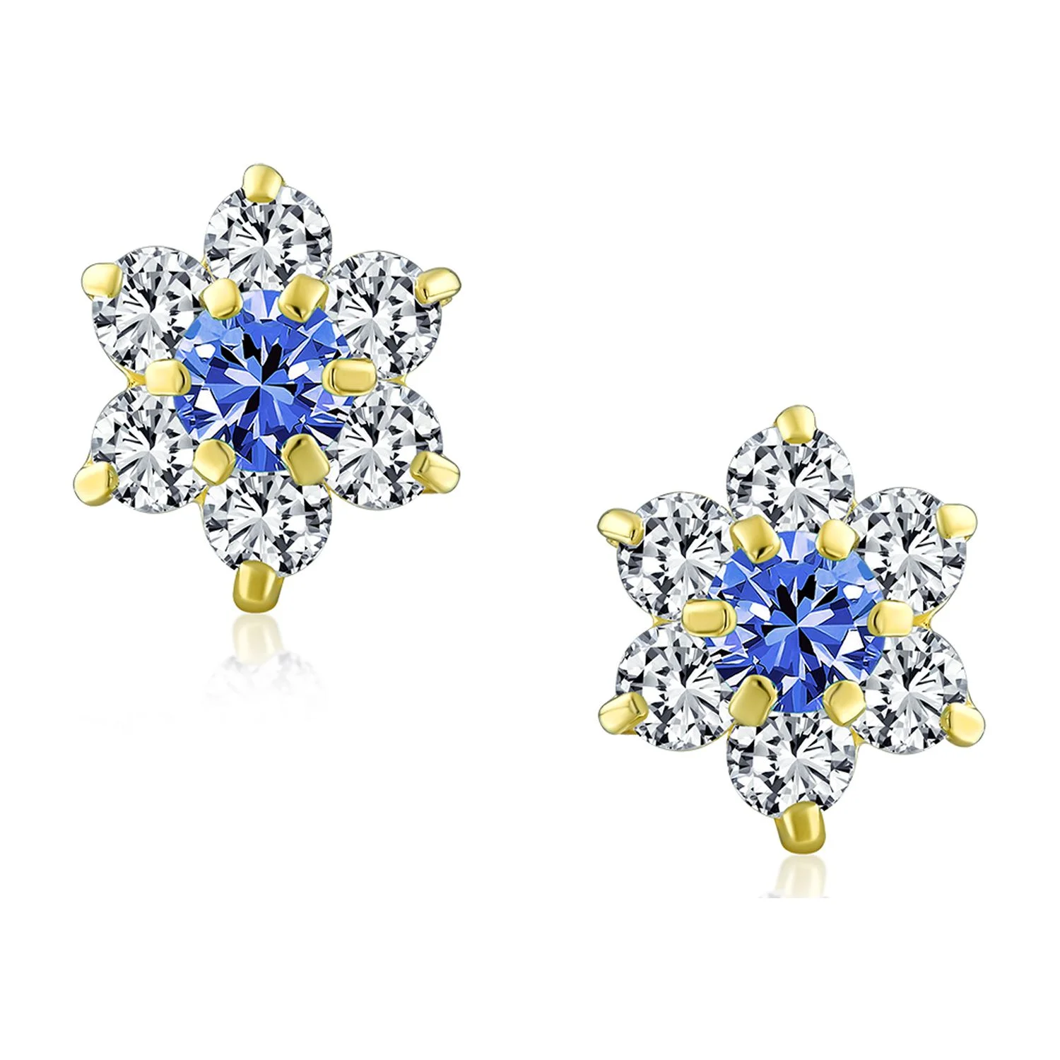 Bling Jewelry Blue CZ Flower Stud Earrings Imitation Sapphire 14K Gold Screwback
