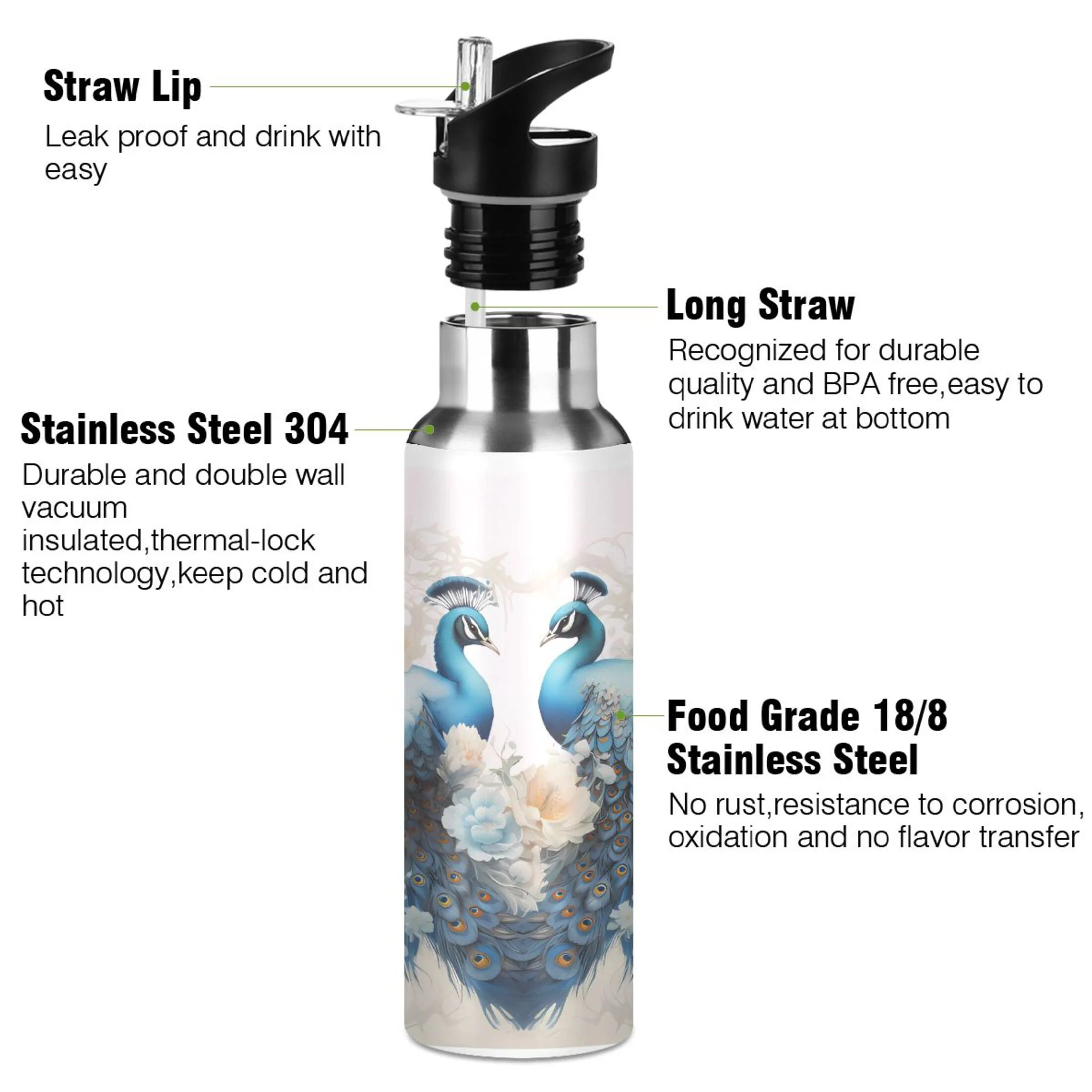 Water Bottle with Straw Lid Leak Peacocks and Flowers Stainless Steel Insulated Thermos Vacuum Flask for Cold Hot Drinking for Sports Camping Gym Yoga