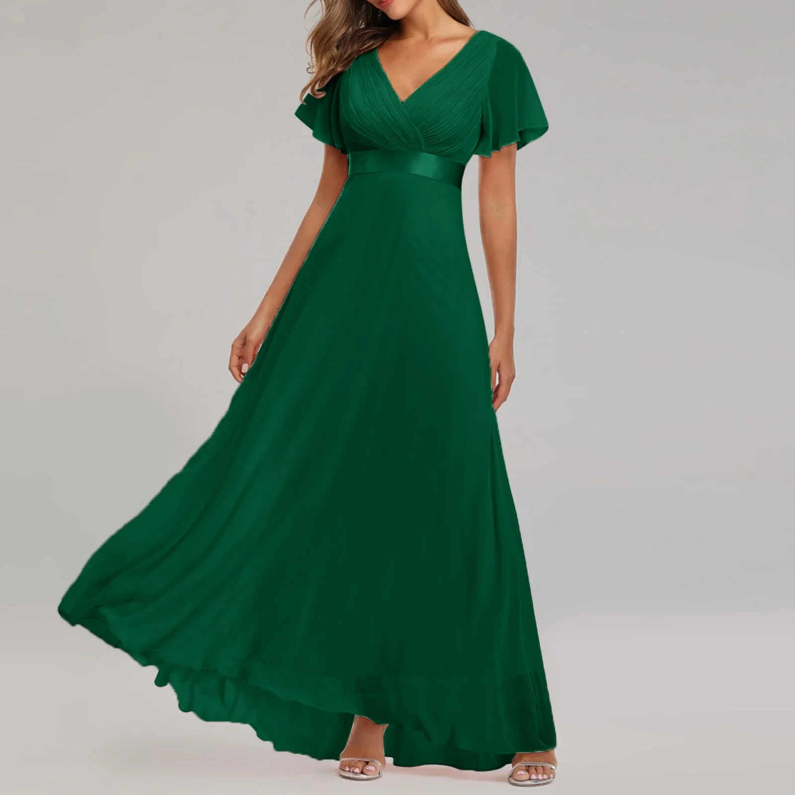 Akiihool Women Dresses Summer Formal Women Formal Summer Dresses Spring Crew Neck Ruffle Short Sleeve Maxi Dress (Green,XXL)