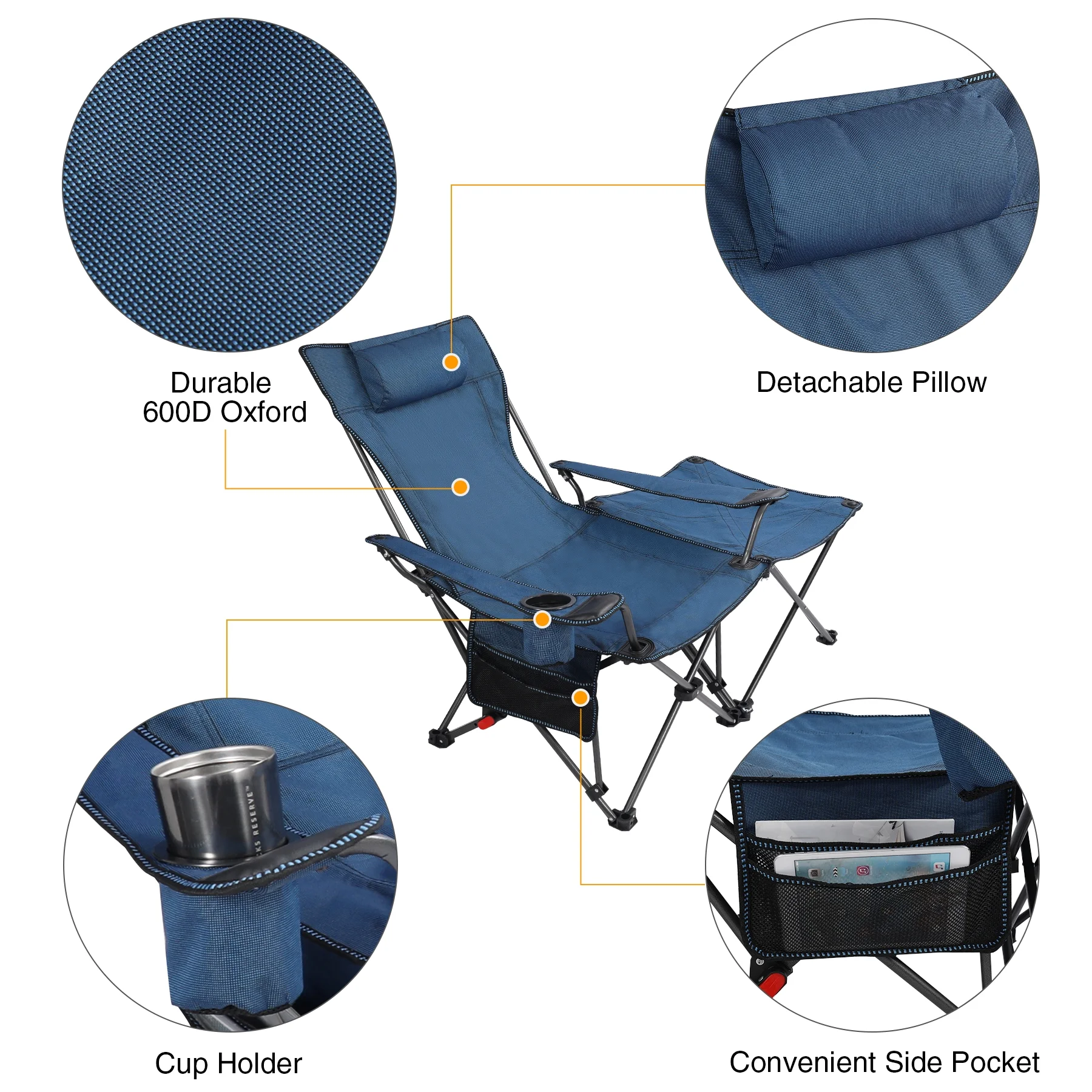 Lineslife 2 in 1 Folding Camping Chair with Removable Footrest, Portable Reclining Camp Lawn Chairs with Detachable Table for Adults, Blue
