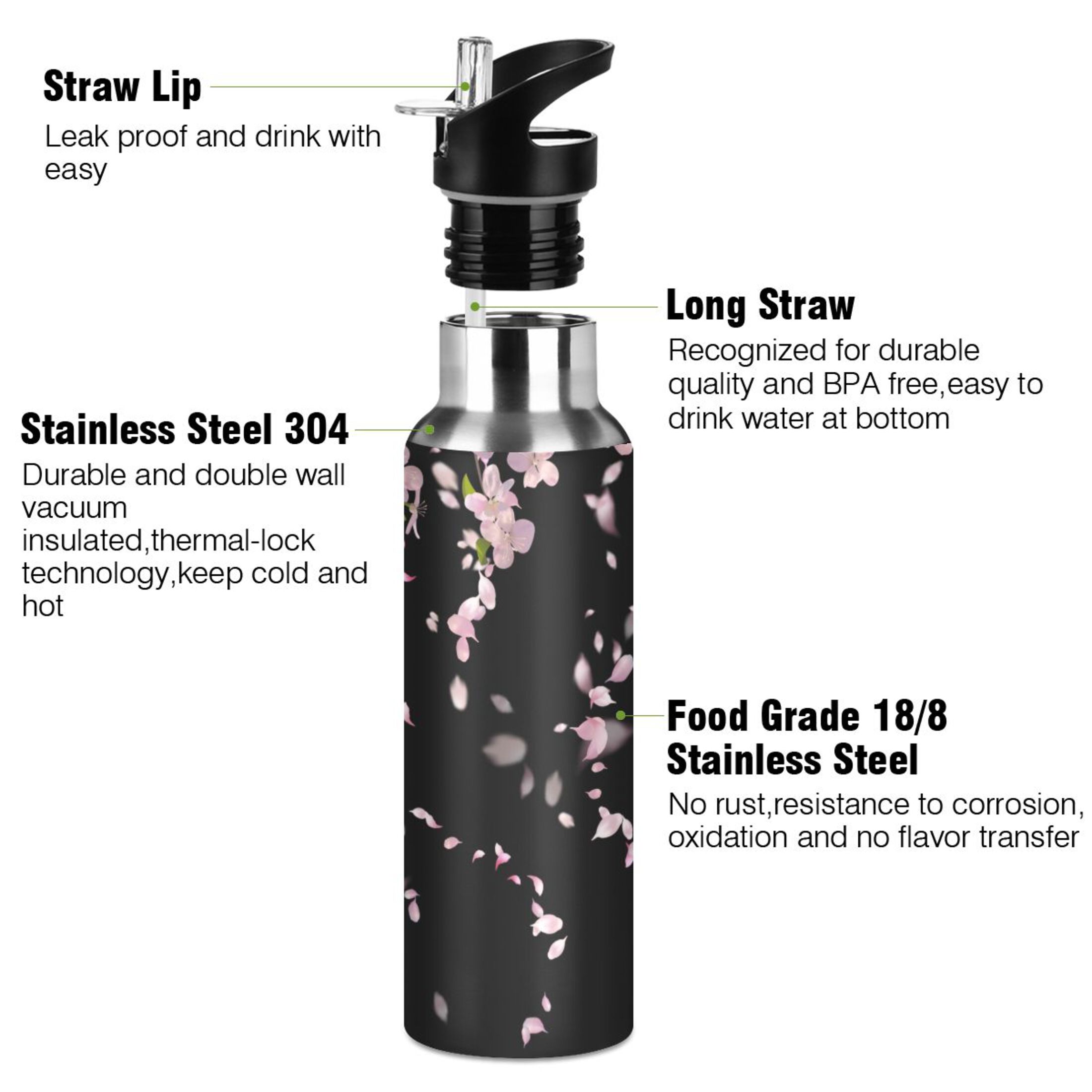 Water Bottle with Straw Lid Leak Cherry Blossom Sakura Falling Flower Stainless Steel Insulated Thermos Vacuum Flask for Cold Hot Drinking for Sports Camping Gym Yoga