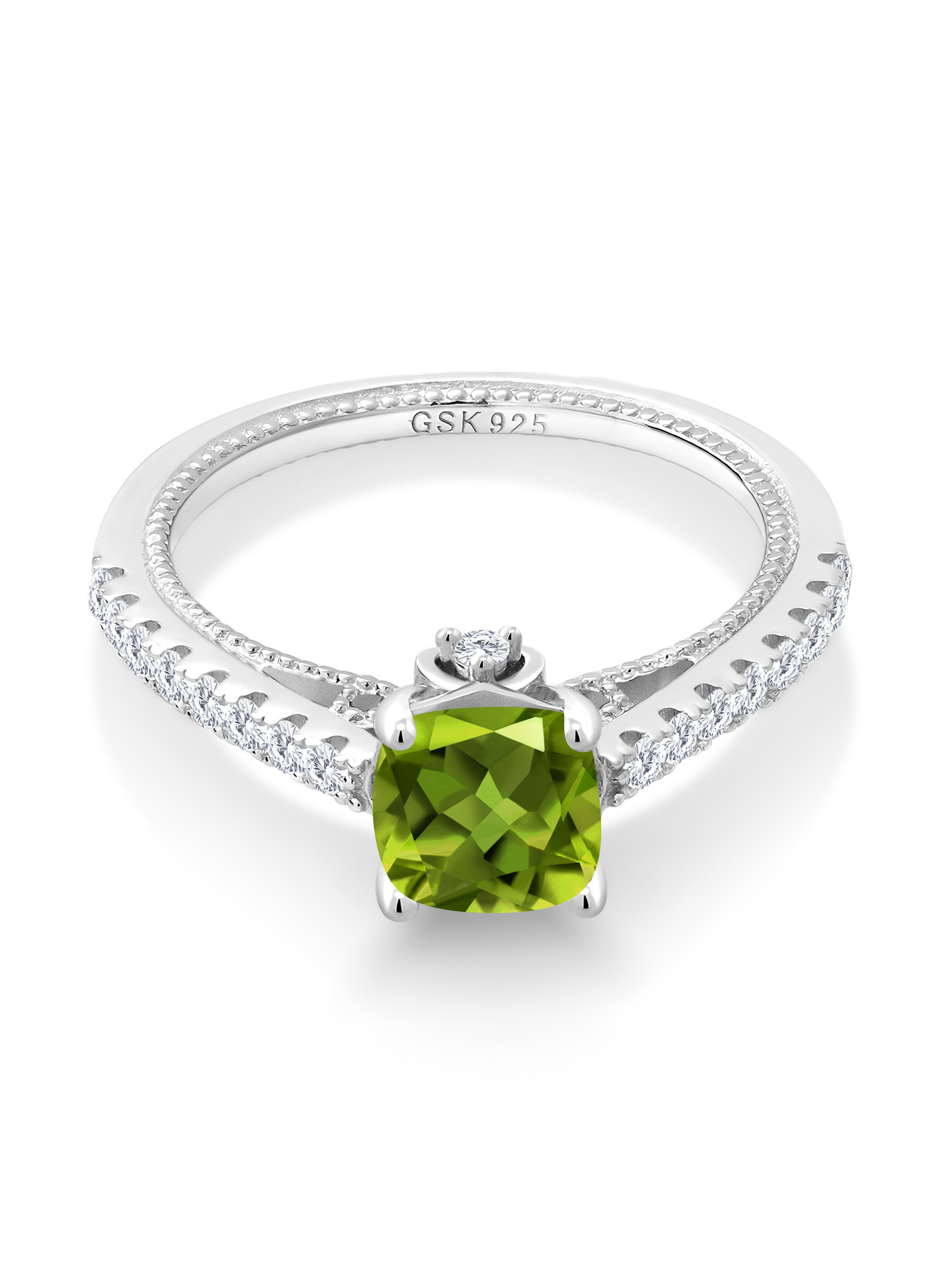 Gem Stone King 925 Sterling Silver Green Peridot and White Created Sapphire Engagement Ring For Women (1.12 Cttw, Cushion 6MM, Gemstone August Birthstone, Available In Size 5, 6, 7, 8, 9)
