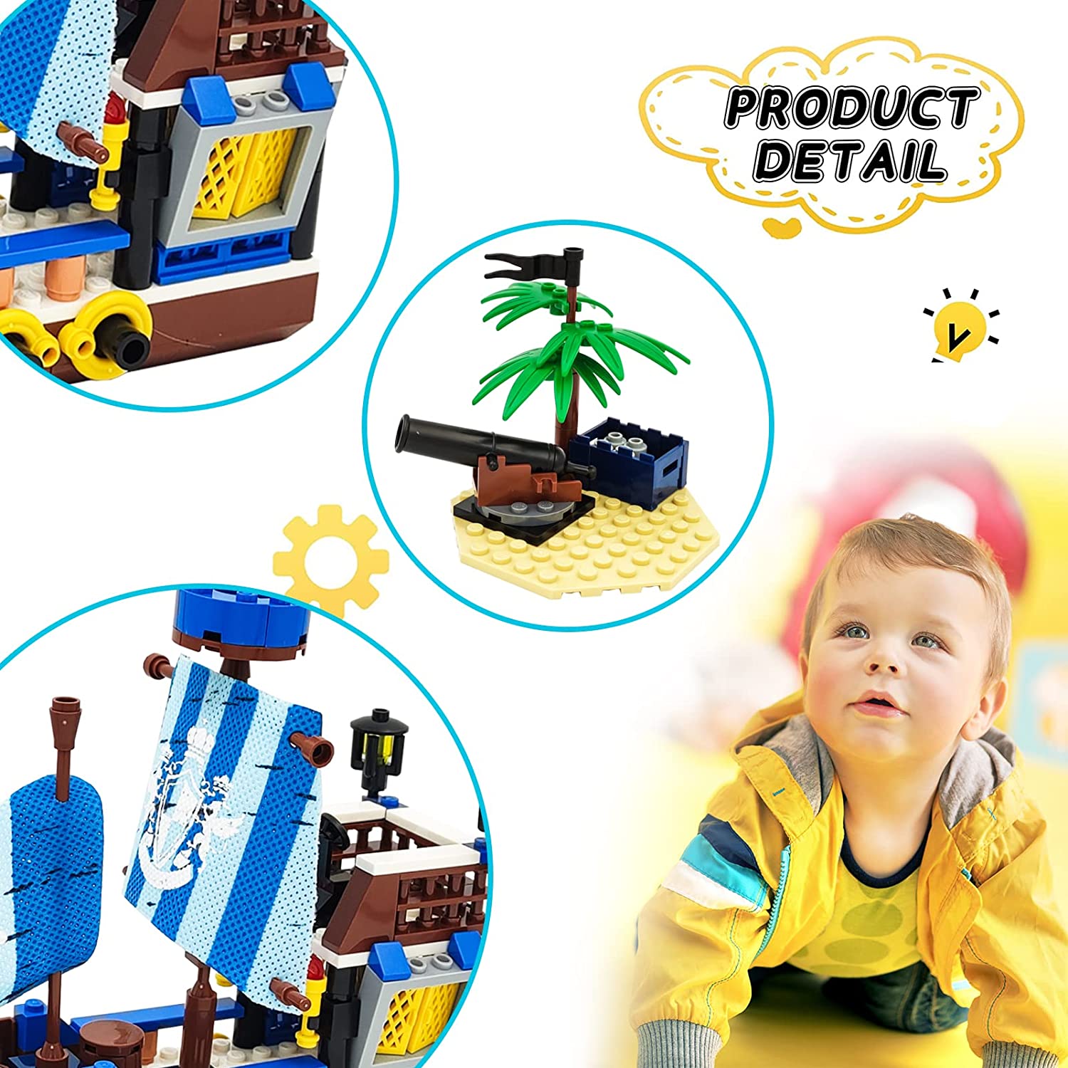 200PCS Pirate Ship Playset with 3 Pirate Figures, Pirate Island Building Toys,Building Blocks for Creative Play, Best Gift for Boys Ages 6+