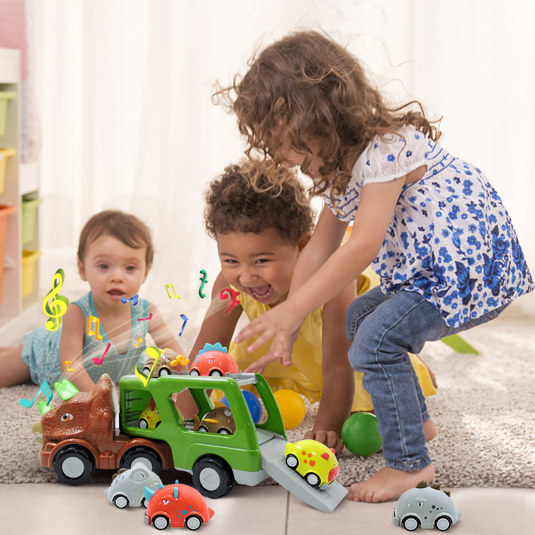 EUBUY Double-decker Dinosaur Car Toy Transport Carrier Truck with 8 Small Pull Back Dino Car Friction Power Vehicle Christmas Birthday Gift for Kids Boys Girls