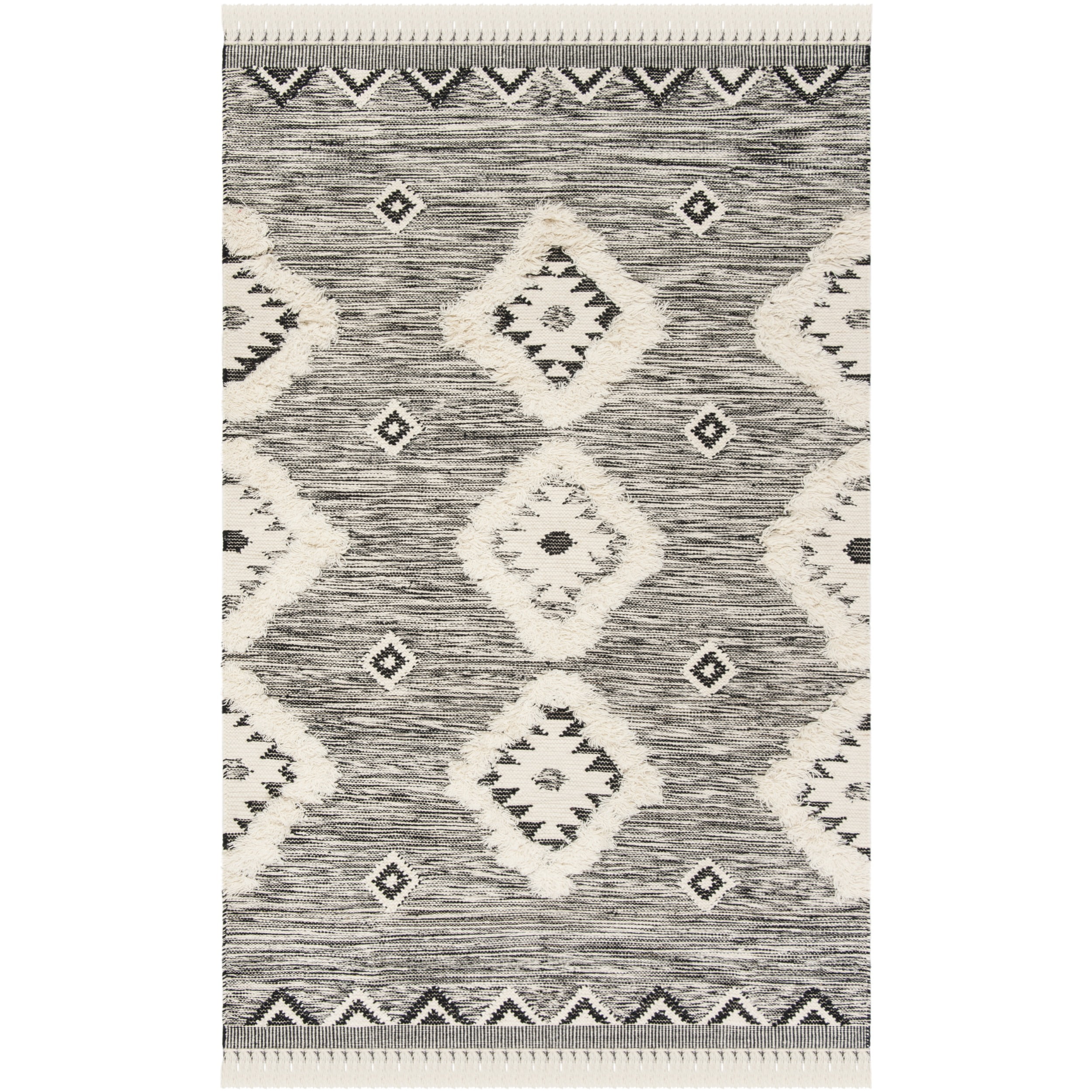 SAFAVIEH Kenya Pierce Geometric Diamonds Fringe Area Rug, Black/Ivory, 6' x 9'